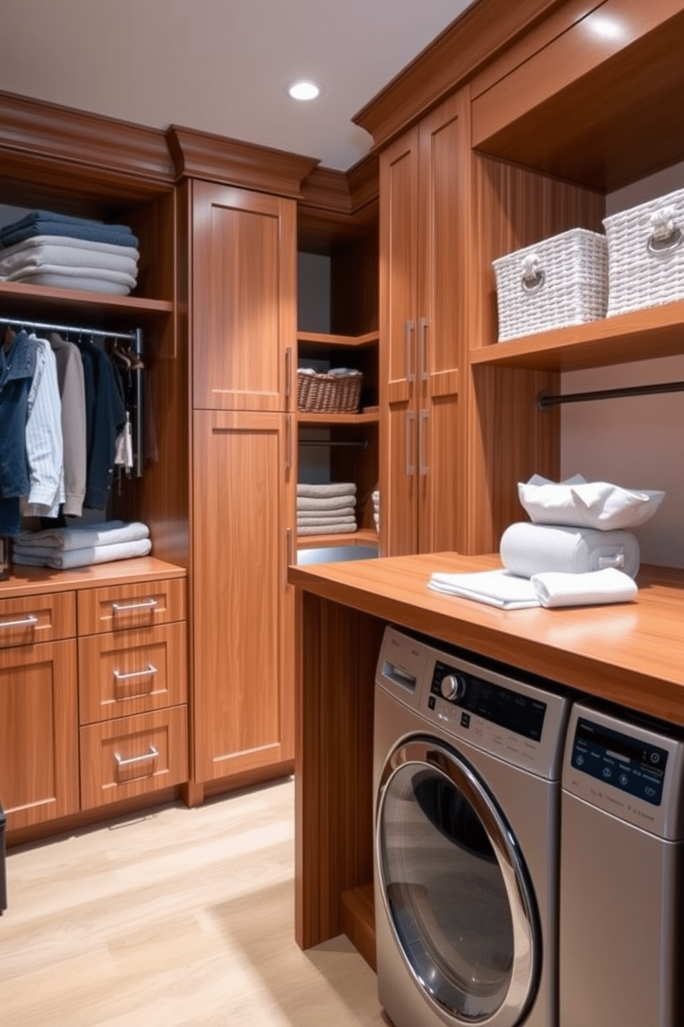 A luxurious walk-in closet laundry room combo features custom cabinetry designed for a tailored look, seamlessly integrating storage and functionality. The cabinetry is finished in a warm wood tone, with sleek handles and soft-close doors, providing ample space for clothing and laundry essentials. The laundry area includes a stacked washer and dryer, surrounded by built-in shelves for easy access to detergents and supplies. A stylish countertop extends over the appliances, offering a convenient space for folding clothes, accented by decorative baskets for organization.