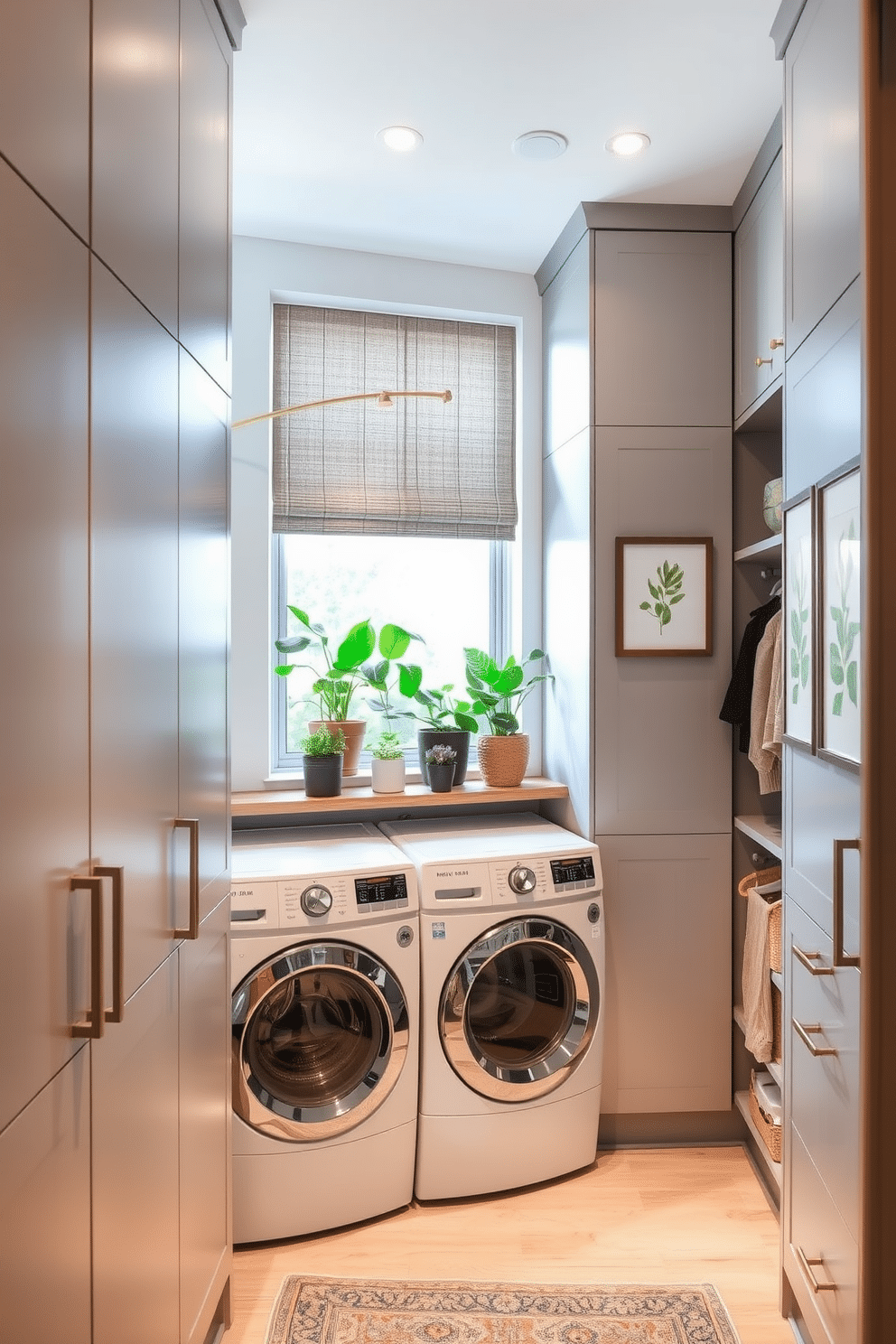 A stylish walk-in closet laundry room combo features sleek cabinetry in a soft gray tone, providing ample storage for clothing and laundry essentials. A large window allows natural light to flood the space, highlighting a collection of potted plants arranged on a wooden shelf above the washer and dryer. Artistic touches include framed botanical prints on the walls, complementing the greenery and adding a personal flair. A cozy seating area is created with a small upholstered bench, inviting relaxation amidst the functional design.