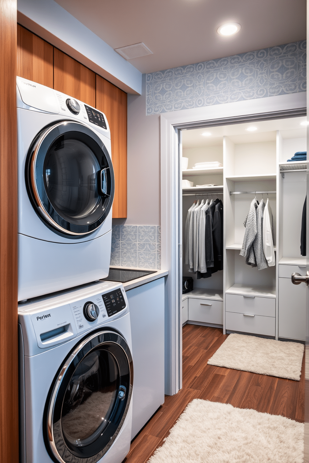 A chic laundry area featuring a stylish backsplash with intricate tile patterns in soft blues and whites, creating a fresh and inviting atmosphere. The space includes a modern washer and dryer stacked for efficiency, complemented by sleek cabinetry in a warm wood finish. Adjacent to the laundry area, a spacious walk-in closet offers ample storage solutions with built-in shelves and hanging rods. Soft, ambient lighting enhances the elegance of the space, while a plush area rug adds comfort underfoot.