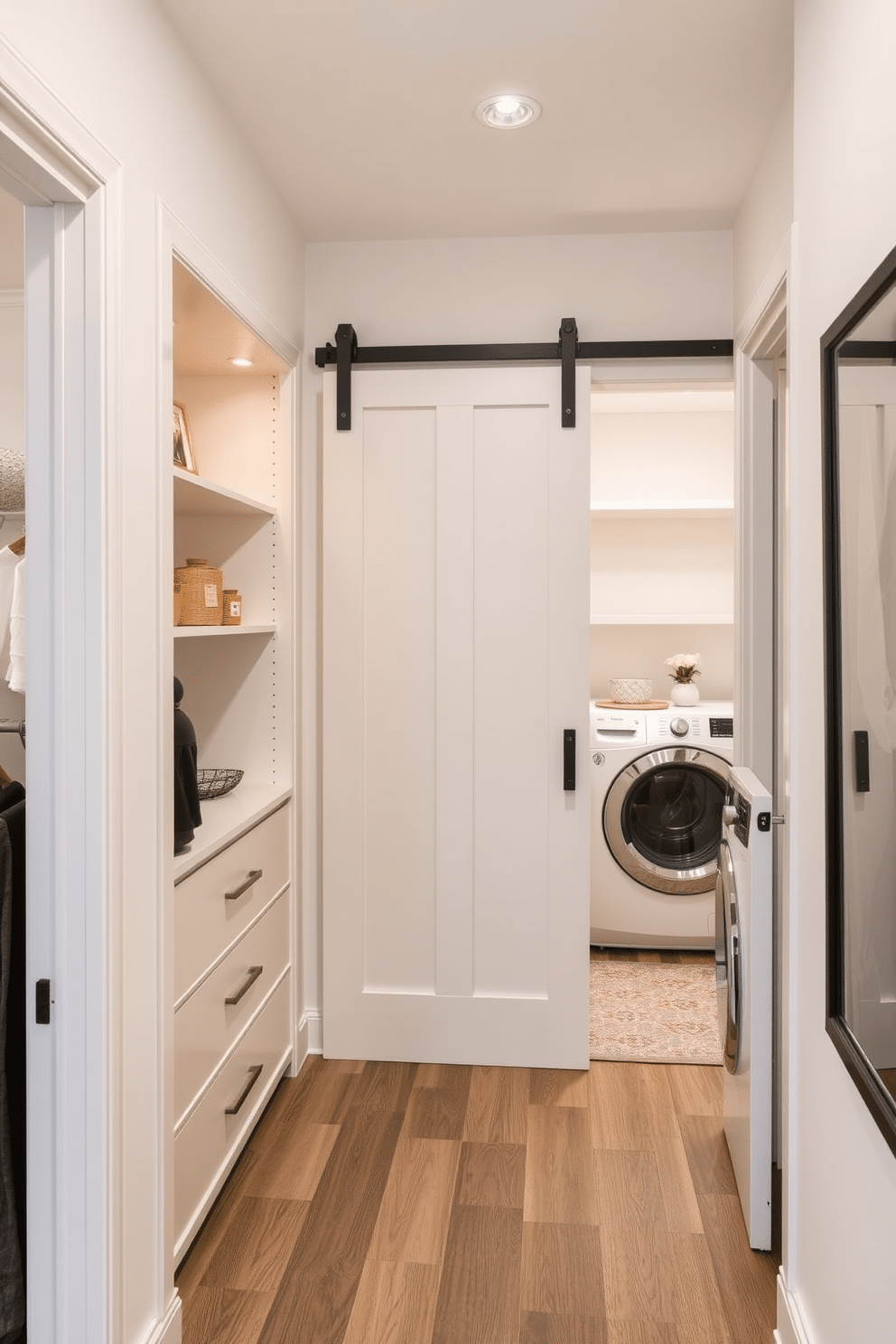 A seamless transition between the walk-in closet and laundry room showcases a harmonious blend of functionality and style. The closet features custom shelving and soft lighting, while the laundry area is equipped with sleek appliances and ample storage, creating an efficient yet elegant space. The design incorporates a sliding barn door that effortlessly connects the two areas, enhancing the flow of the home. Neutral color palettes and complementary materials unify the spaces, ensuring a cohesive look that is both practical and aesthetically pleasing.