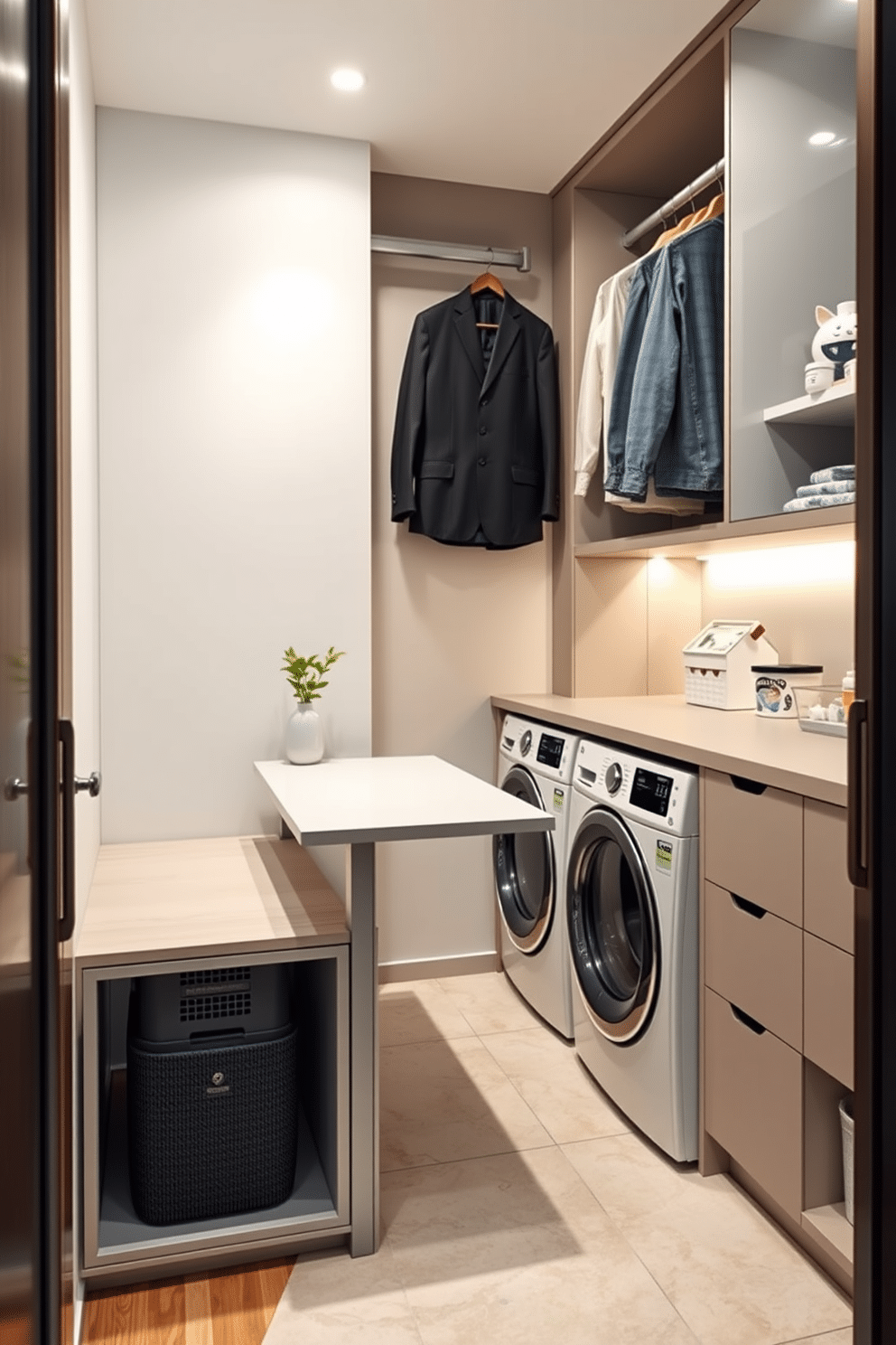 A modern walk-in closet laundry room combo features sleek multi-functional furniture that maximizes space and enhances organization. The design includes a stylish folding table that doubles as a workspace, with integrated storage solutions for laundry essentials and accessories. The walls are adorned in a soft, neutral palette to create an inviting atmosphere, while the flooring combines durable tiles with a warm wood accent. A spacious hanging area is seamlessly integrated, allowing for easy access to clothes and laundry items, complemented by ambient lighting to elevate functionality and aesthetics.