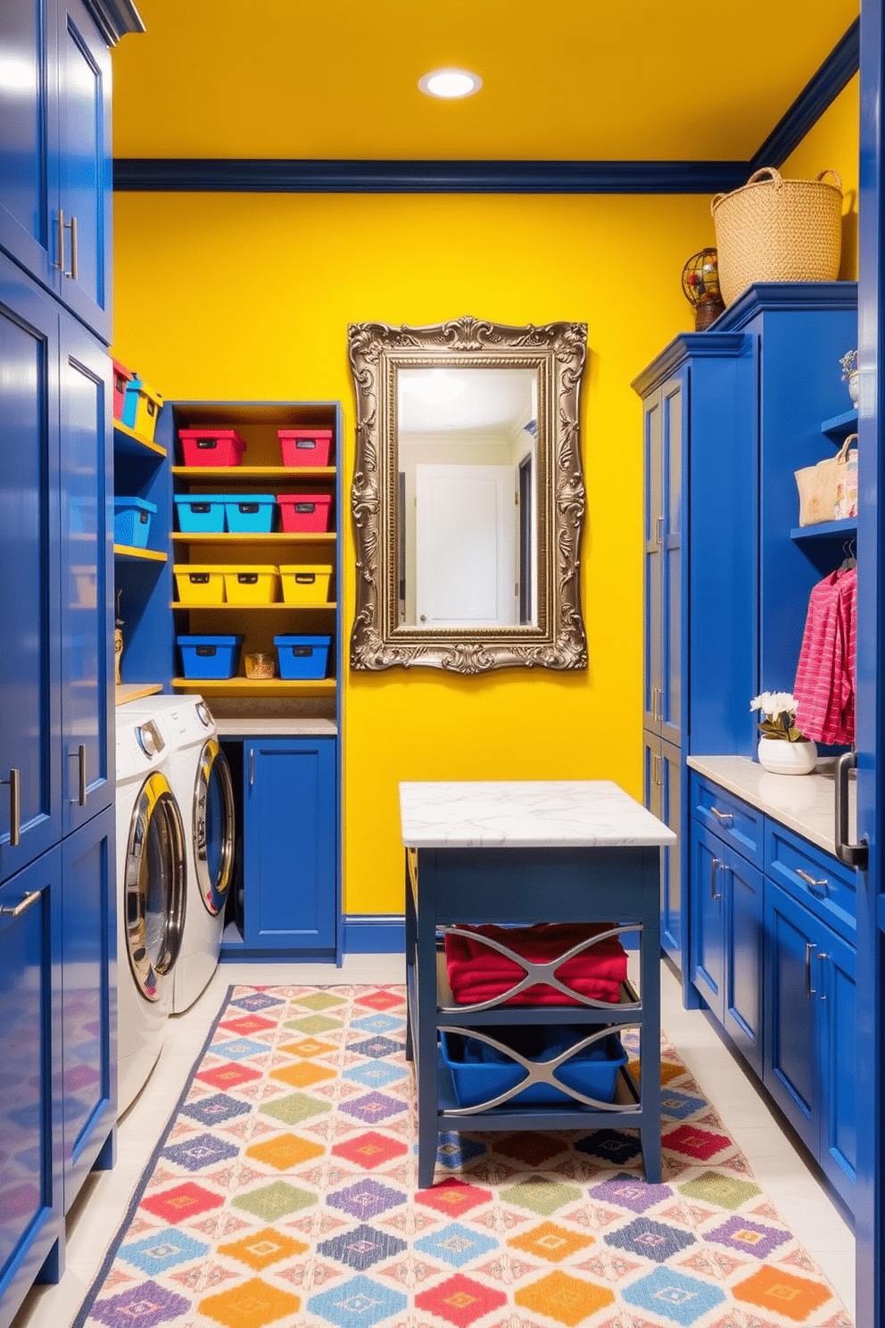 A vibrant walk-in closet and laundry room combo filled with bright colors to energize the space. The walls are painted a cheerful yellow, complemented by bold blue cabinetry and a playful patterned rug on the floor. In one corner, a stylish island with a marble top serves as a folding station, surrounded by organized shelves filled with colorful storage bins. A large mirror with a decorative frame reflects the lively hues, while ample lighting highlights the cheerful atmosphere.