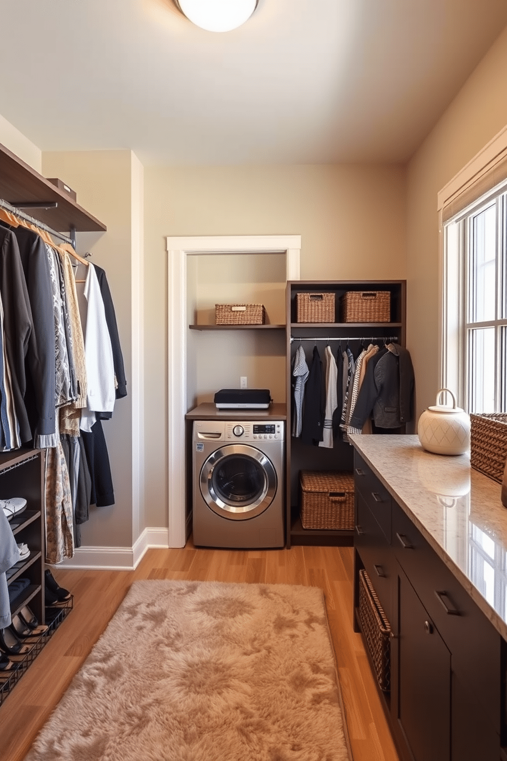 A stylish walk-in closet with open racks for easy clothing access, featuring a combination of hanging space and shelving for shoes and accessories. The walls are painted in a soft beige, and the floor is adorned with a plush area rug, providing a cozy atmosphere while maintaining functionality. Adjacent to the closet, a laundry area is seamlessly integrated with modern appliances tucked behind sleek cabinetry. A countertop for folding clothes extends across the space, complemented by decorative baskets for storage and a large window that brings in natural light.