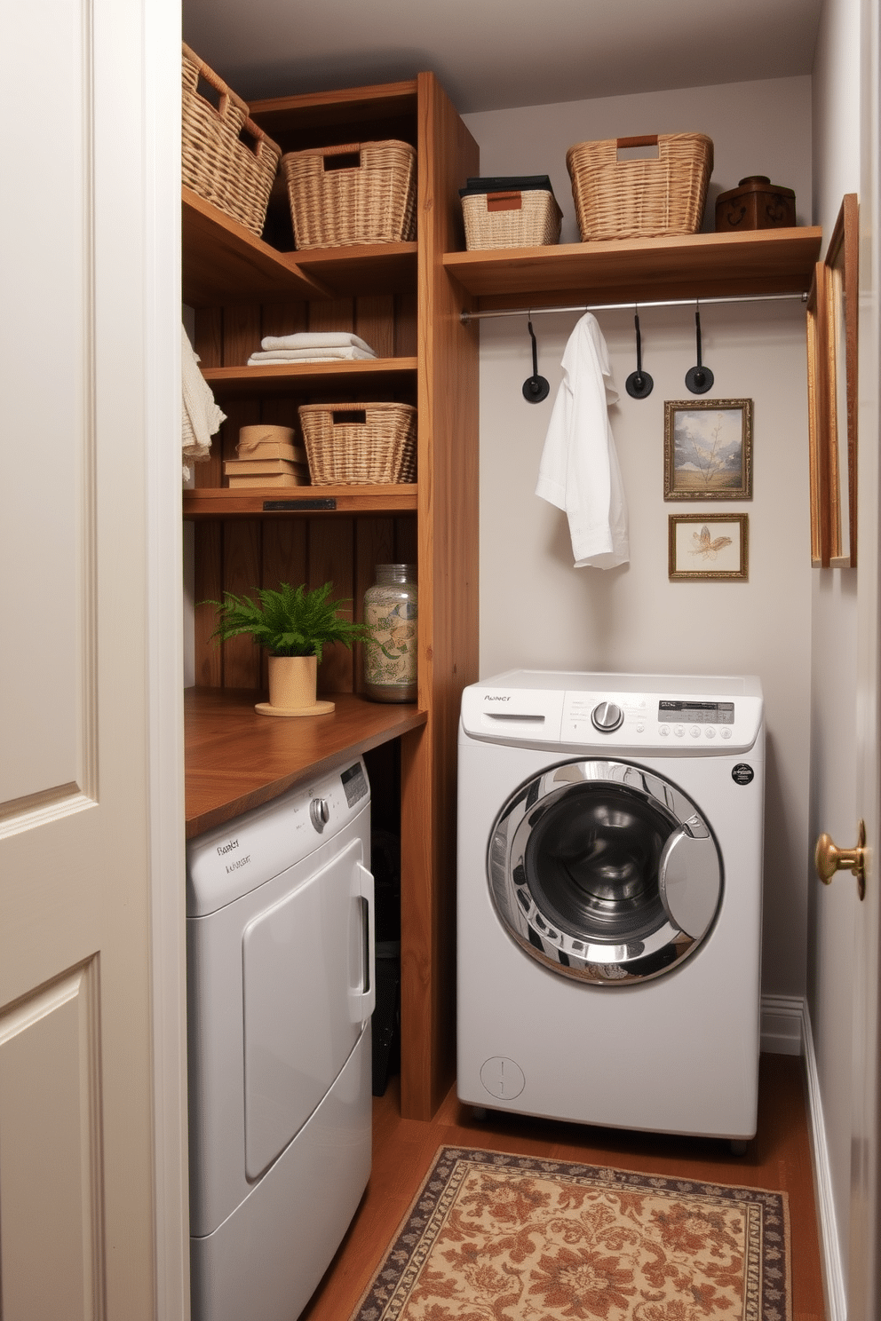 A cozy walk-in closet laundry room combo featuring vintage accents. The space includes a rustic wooden shelving unit adorned with decorative baskets and antique hooks for hanging clothes. Soft, muted colors create an inviting atmosphere, with a patterned area rug underfoot. A vintage-style washing machine and dryer sit side by side, framed by charming wall art and a small potted plant for a touch of greenery.