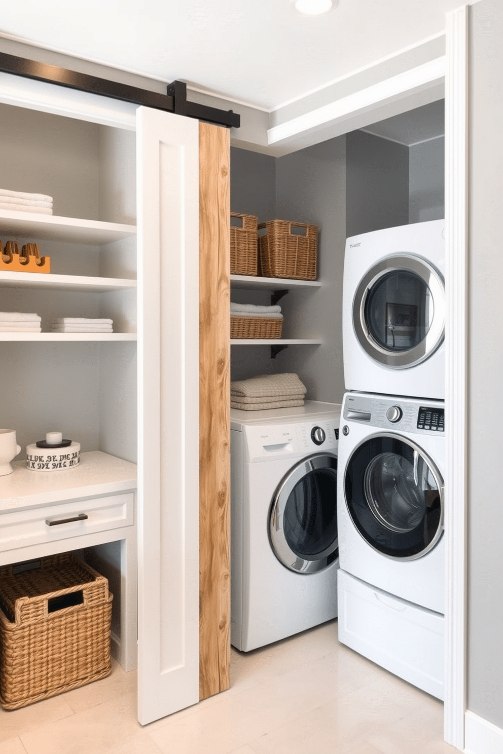 A modern laundry room features a sliding barn door that elegantly saves space while adding rustic charm. Inside, a walk-in closet seamlessly integrates with the laundry area, showcasing ample shelving and a stylish folding station. The walls are painted in a soft gray, complementing the sleek white cabinetry. A stacked washer and dryer fit neatly into the design, with decorative baskets for organization and a bright, airy feel.