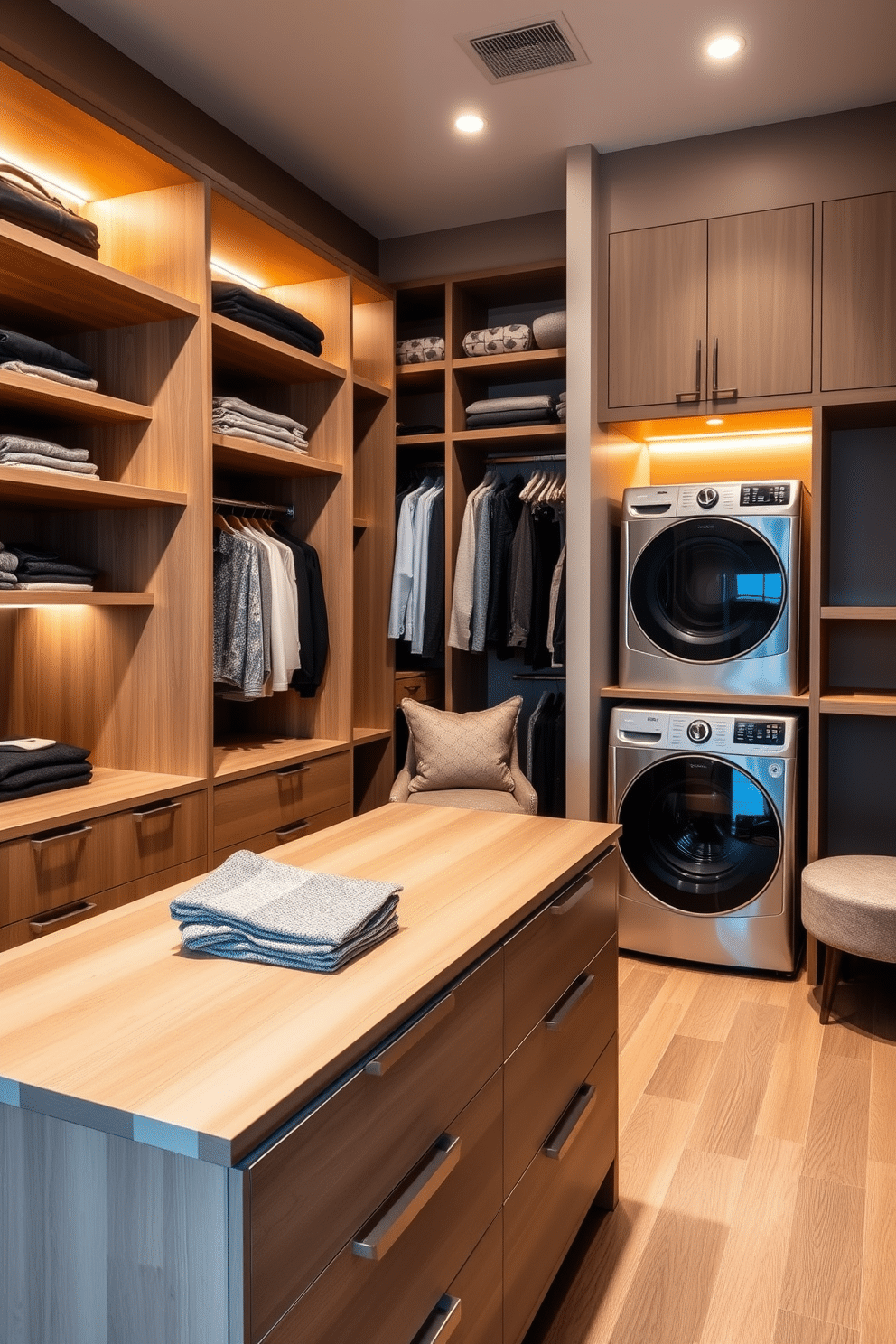 A stylish walk-in closet with a dual-purpose island designed for folding clothes sits at the center, featuring a sleek surface made of light wood. Surrounding the island, custom cabinetry offers ample storage space, while soft, ambient lighting highlights the organized shelves filled with neatly arranged clothing and accessories. Adjacent to the closet, the laundry area is seamlessly integrated with modern appliances tucked behind cabinetry that matches the closet design. A chic backsplash adds a pop of color, and a cozy seating nook with a plush chair invites relaxation while waiting for laundry to finish.