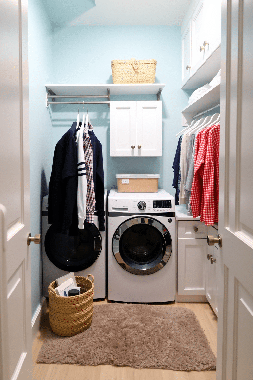 A stylish laundry room featuring a walk-in closet design. Above the washer and dryer, sleek hanging rods are installed, providing ample space for drying clothes and organizing garments. The walls are painted in a soft, airy blue, complemented by white cabinetry that offers storage solutions. A plush area rug adds warmth to the space, while a decorative basket holds laundry essentials, creating a functional yet inviting atmosphere.