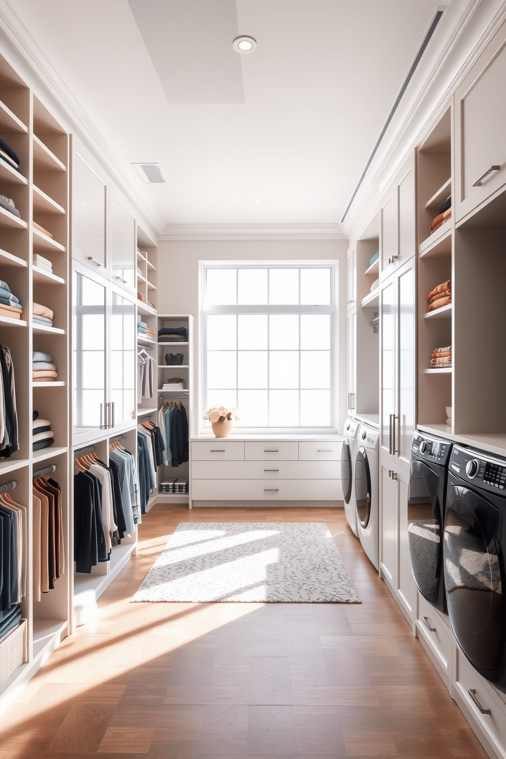 A spacious walk-in closet and laundry room combo designed to maximize functionality and style. The room features large windows that allow abundant natural light to flood in, illuminating the organized shelving and elegant cabinetry. The closet area includes a chic island with ample storage, surrounded by hanging racks for clothing and accessories. Adjacent to the closet, the laundry area is equipped with modern appliances, seamlessly integrated into the design with stylish cabinetry and a folding station.