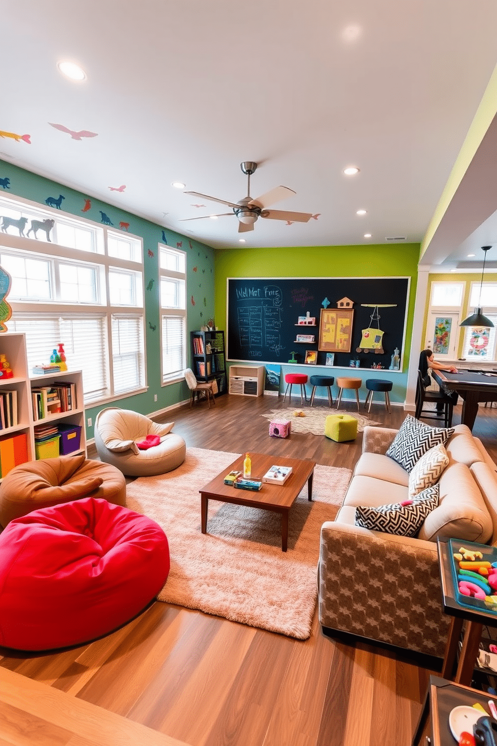 A vibrant kids' playroom filled with colorful decor. The walls are painted in bright primary colors, and playful wall decals of animals and shapes adorn the space. In the center, a large, soft area rug provides a comfortable play zone, surrounded by plush bean bags and a low table for arts and crafts. Shelves filled with toys and books line one wall, while a chalkboard surface invites creativity and fun. A cozy walkout basement designed for relaxation and entertainment. Large windows allow natural light to flood the space, showcasing a comfortable sectional sofa and a stylish coffee table. The decor features warm tones and textured fabrics, with a bar area equipped for hosting friends and family. A game corner with a pool table and board games adds an element of fun to the inviting atmosphere.