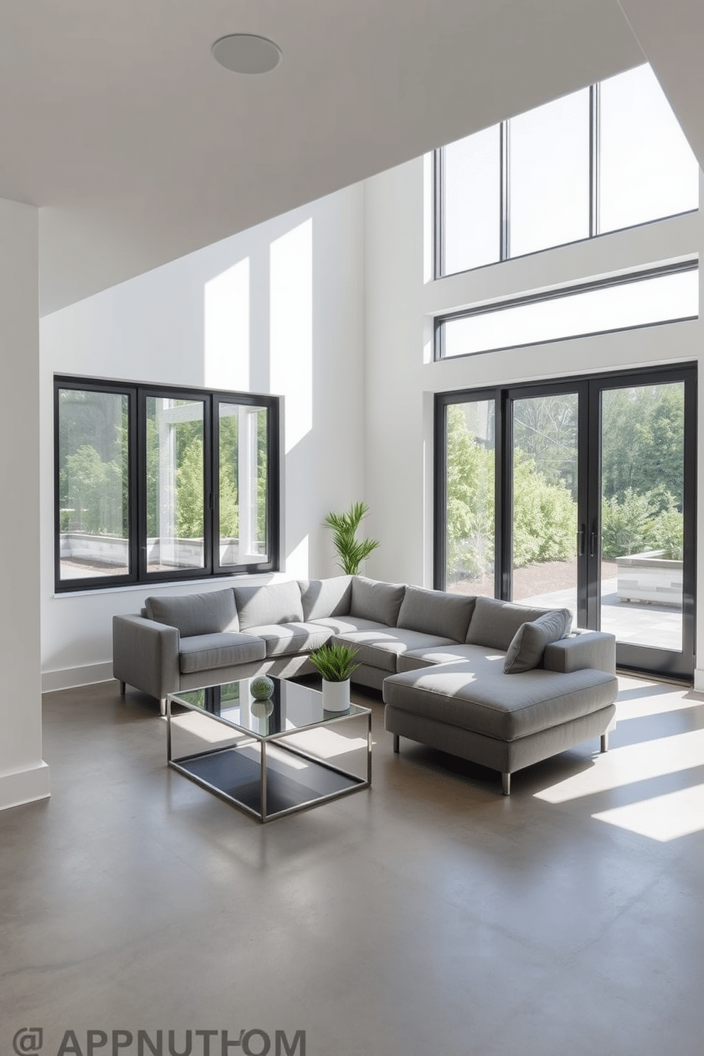 A minimalist walkout basement features sleek, modern furnishings that emphasize clean lines and open spaces. The walls are painted in a soft white, and large windows allow natural light to flood the area, enhancing the airy feel of the design. In one corner, a low-profile sectional sofa in a muted gray complements a simple coffee table made of glass and metal. A small indoor plant adds a touch of greenery, while the flooring is a polished concrete that ties the space together seamlessly.