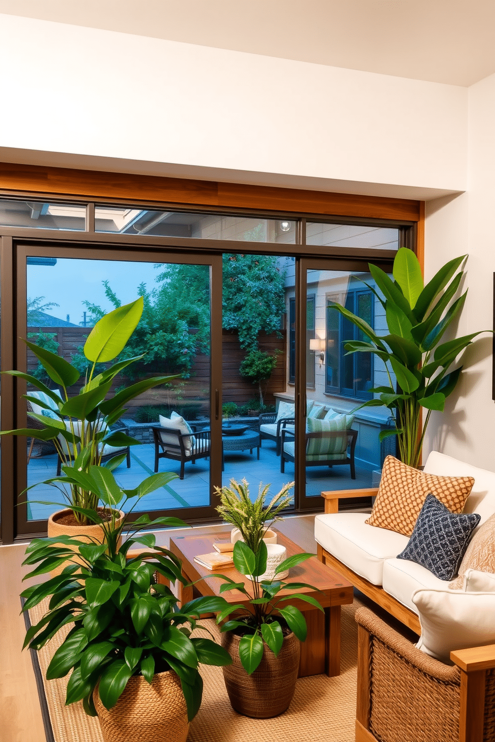 A nature-inspired decor setting features a cozy living area with abundant greenery accents. Lush potted plants are strategically placed around the room, complementing natural wood furniture and soft, earthy textiles. The walkout basement design includes large sliding glass doors that open to a serene outdoor space. This area is furnished with comfortable seating, creating an inviting atmosphere for relaxation and entertaining.