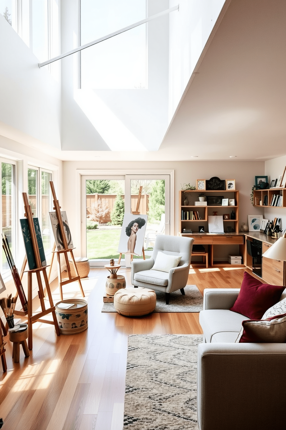 Art studio with natural light and space. The room features large windows that flood the area with sunlight, illuminating the white walls and polished wooden floors. Various easels are scattered throughout, along with shelves filled with paints and brushes, creating an inspiring and creative atmosphere. A cozy reading nook with a plush chair is tucked into one corner, inviting relaxation amidst the artistic chaos. Walkout basement design ideas. This space includes large sliding glass doors that open to a beautifully landscaped backyard, allowing for seamless indoor-outdoor living. The basement features a stylish lounge area with comfortable seating, a wet bar, and a small kitchenette, perfect for entertaining guests. Warm lighting and soft textures enhance the inviting ambiance, making it a perfect retreat.