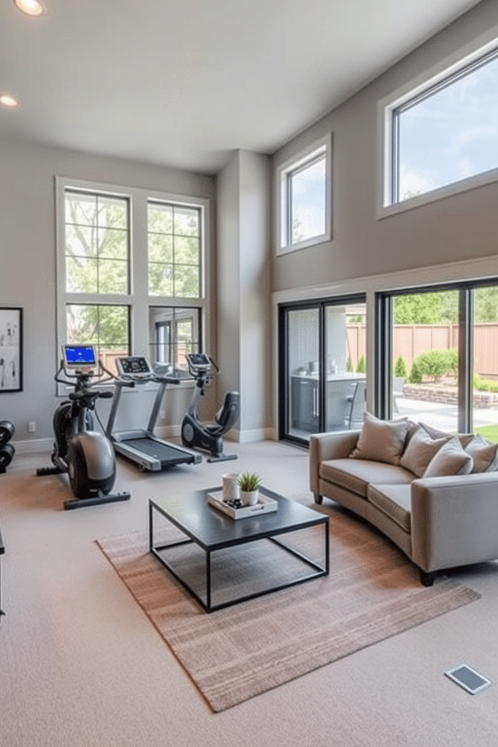 A modern fitness area featuring state-of-the-art gym equipment, including a treadmill, weights, and a yoga space. The walls are painted in a calming light gray, and large windows allow natural light to flood the room, creating an inviting atmosphere. A stylish walkout basement designed for relaxation and entertainment, showcasing a cozy seating area with plush sofas and a contemporary coffee table. The space includes a mini-bar with sleek cabinetry, and sliding glass doors open to a landscaped outdoor patio, seamlessly blending indoor and outdoor living.