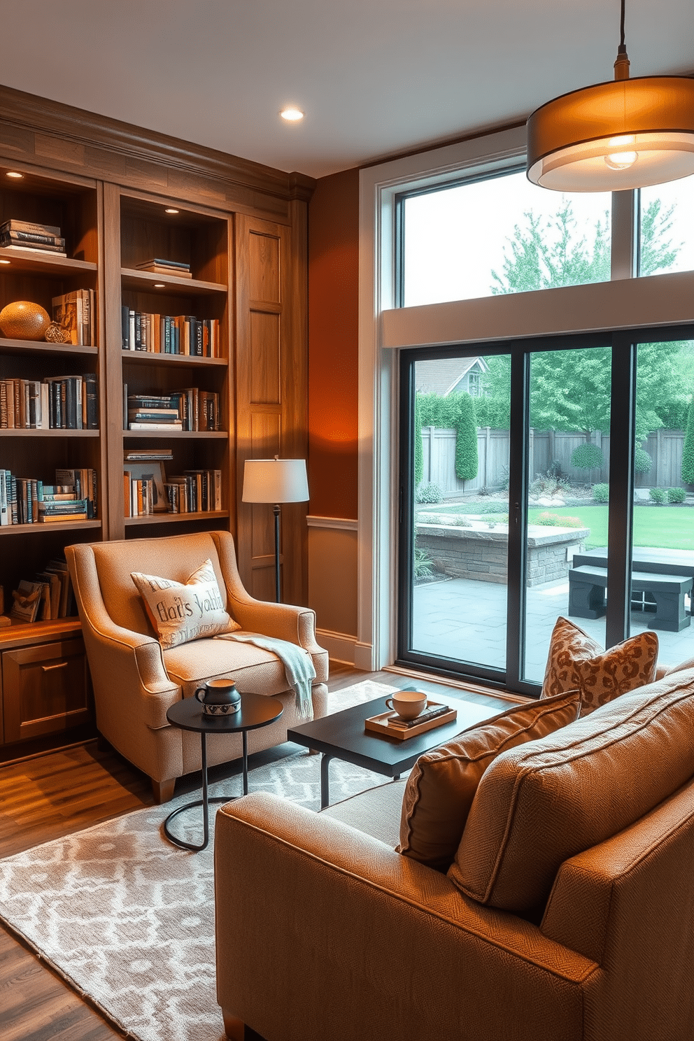 Cozy reading nook with built-in shelves. A plush armchair in a warm, inviting fabric is positioned next to a large window, allowing natural light to flood the space. Built-in wooden shelves line the walls, filled with an assortment of books and decorative items. A soft, patterned rug lies beneath the chair, and a small side table holds a steaming cup of tea and a reading lamp. Walkout basement design ideas. The space features large sliding glass doors that open to a beautifully landscaped backyard, creating a seamless indoor-outdoor flow. Comfortable seating arrangements with sectional sofas and a coffee table invite relaxation, while a wet bar in the corner adds functionality for entertaining. Warm lighting fixtures and accent walls in rich colors enhance the cozy atmosphere.