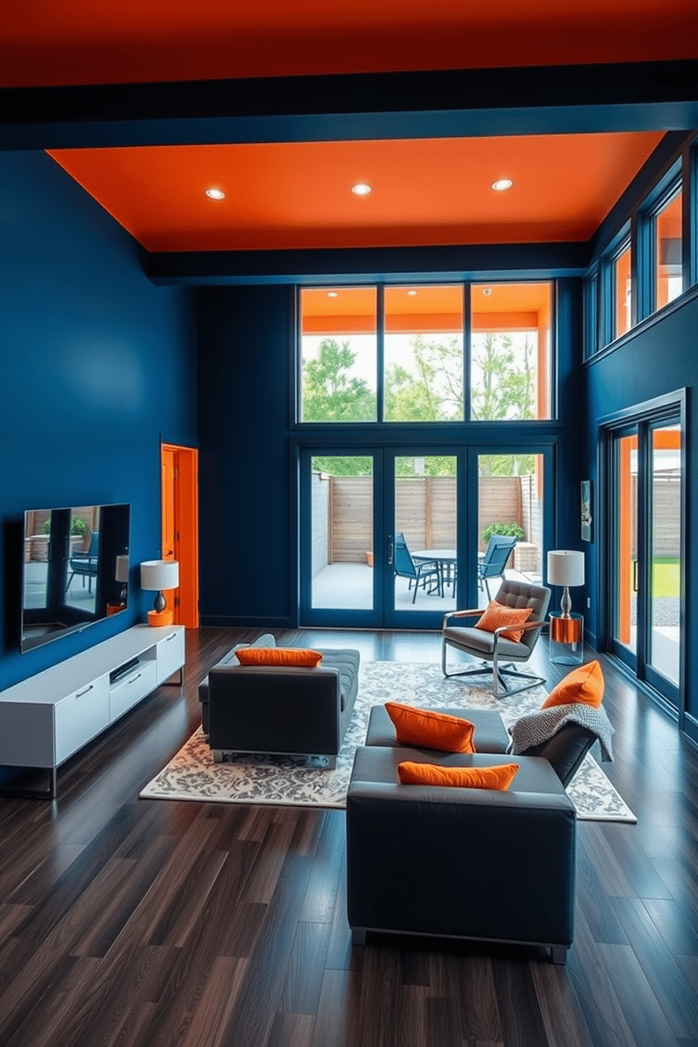 A contemporary walkout basement design featuring bold colors and modern furnishings. The space is illuminated by large glass doors leading to an outdoor patio, creating a seamless transition between indoor and outdoor living. The walls are painted in a striking navy blue, complemented by vibrant orange accents in the furniture and decor. A sleek sectional sofa faces a minimalist entertainment unit, while a stylish rug anchors the seating area, adding warmth and texture to the space.