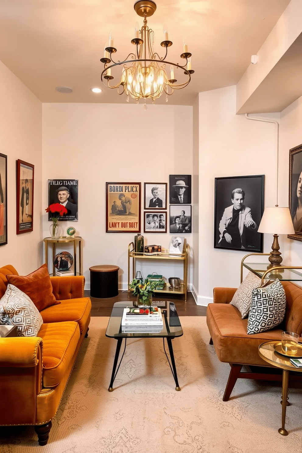 A cozy walkout basement featuring vintage decor with retro furniture pieces. The space is adorned with a plush velvet sofa in a rich mustard hue, paired with a mid-century coffee table and an eclectic mix of patterned throw pillows. The walls are painted in a soft cream color, accented by framed vintage posters and a gallery wall of black-and-white photographs. A stylish bar cart made of brass and glass sits in one corner, while warm lighting from a statement chandelier creates an inviting atmosphere.