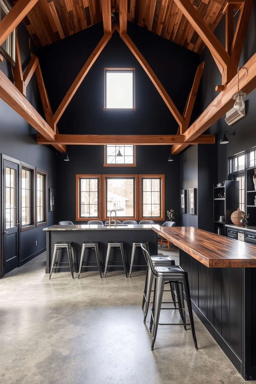 A modern industrial vibe with exposed beams features a spacious walkout basement that seamlessly blends functionality with style. The walls are painted in a deep charcoal gray, complementing the raw concrete flooring and highlighting the wooden beams overhead. Large windows allow natural light to flood the space, creating an inviting atmosphere. A sleek bar area with metal stools and reclaimed wood accents serves as a focal point, perfect for entertaining guests.