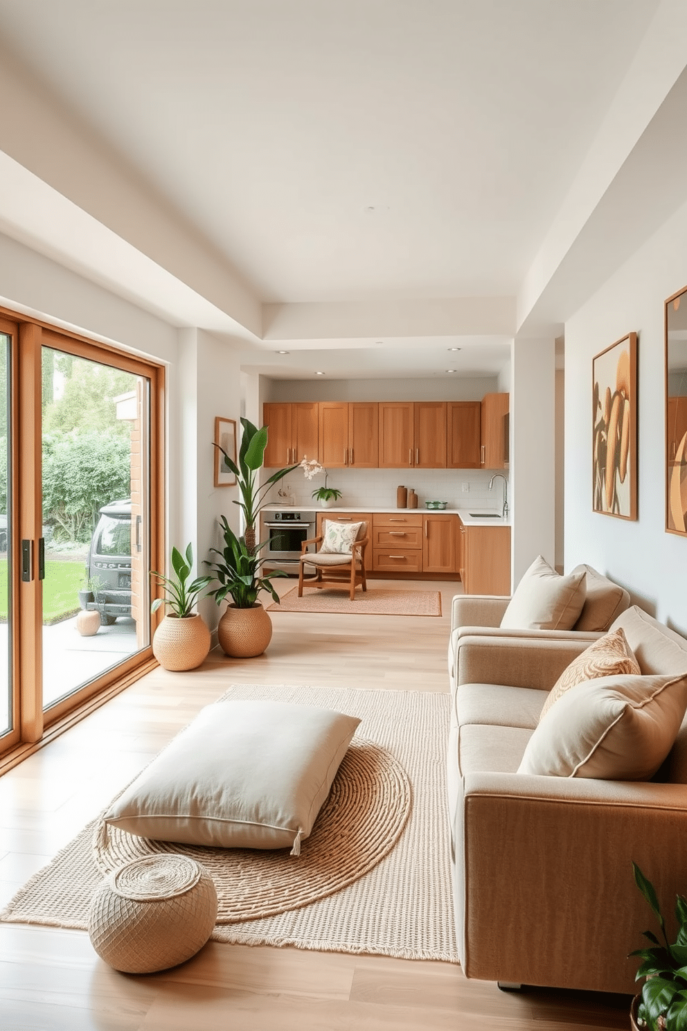 A serene zen-inspired meditation corner features a soft, neutral color palette with natural wood accents. A comfortable floor cushion sits on a woven rug, surrounded by indoor plants that enhance the sense of tranquility. The walkout basement design incorporates large sliding glass doors that flood the space with natural light. Cozy seating areas with plush furniture and a small kitchenette create an inviting atmosphere for relaxation and entertainment.