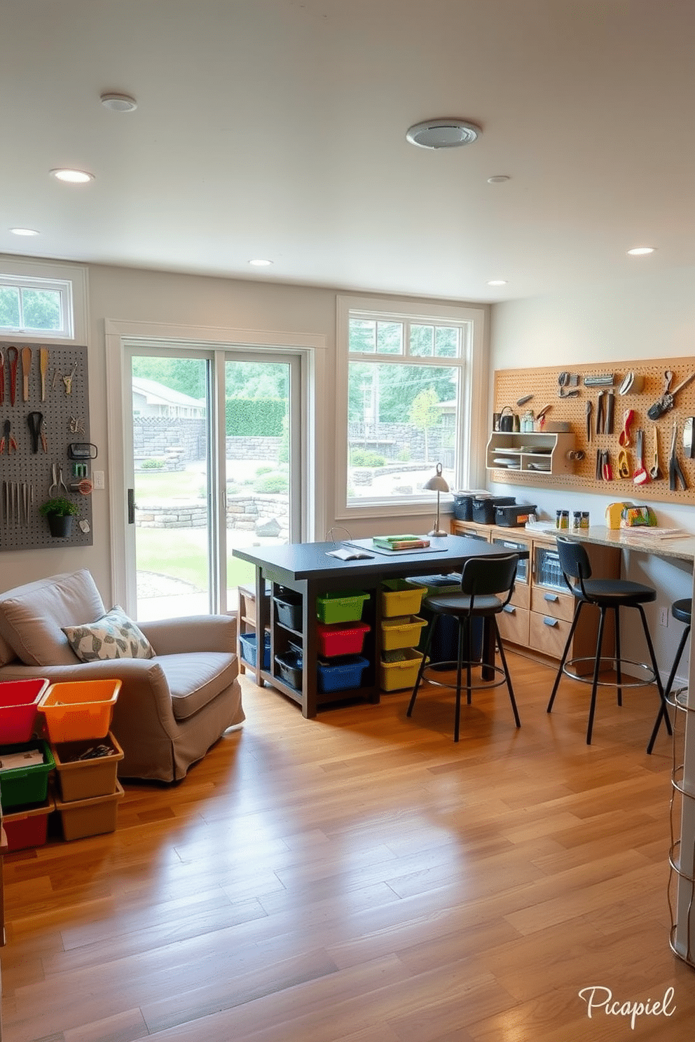 Creative craft room for hobbies and projects. The room features a large, sturdy work table surrounded by colorful storage bins filled with supplies. Brightly lit by large windows, the walls are adorned with pegboards showcasing tools and materials. A cozy reading nook with a plush chair and a small bookshelf adds a touch of comfort to the space. Walkout Basement Design Ideas. The basement opens up to a landscaped backyard through sliding glass doors, creating a seamless indoor-outdoor flow. Light-colored walls and warm wooden flooring enhance the inviting atmosphere, while a stylish bar area with high stools provides a perfect spot for entertaining guests.