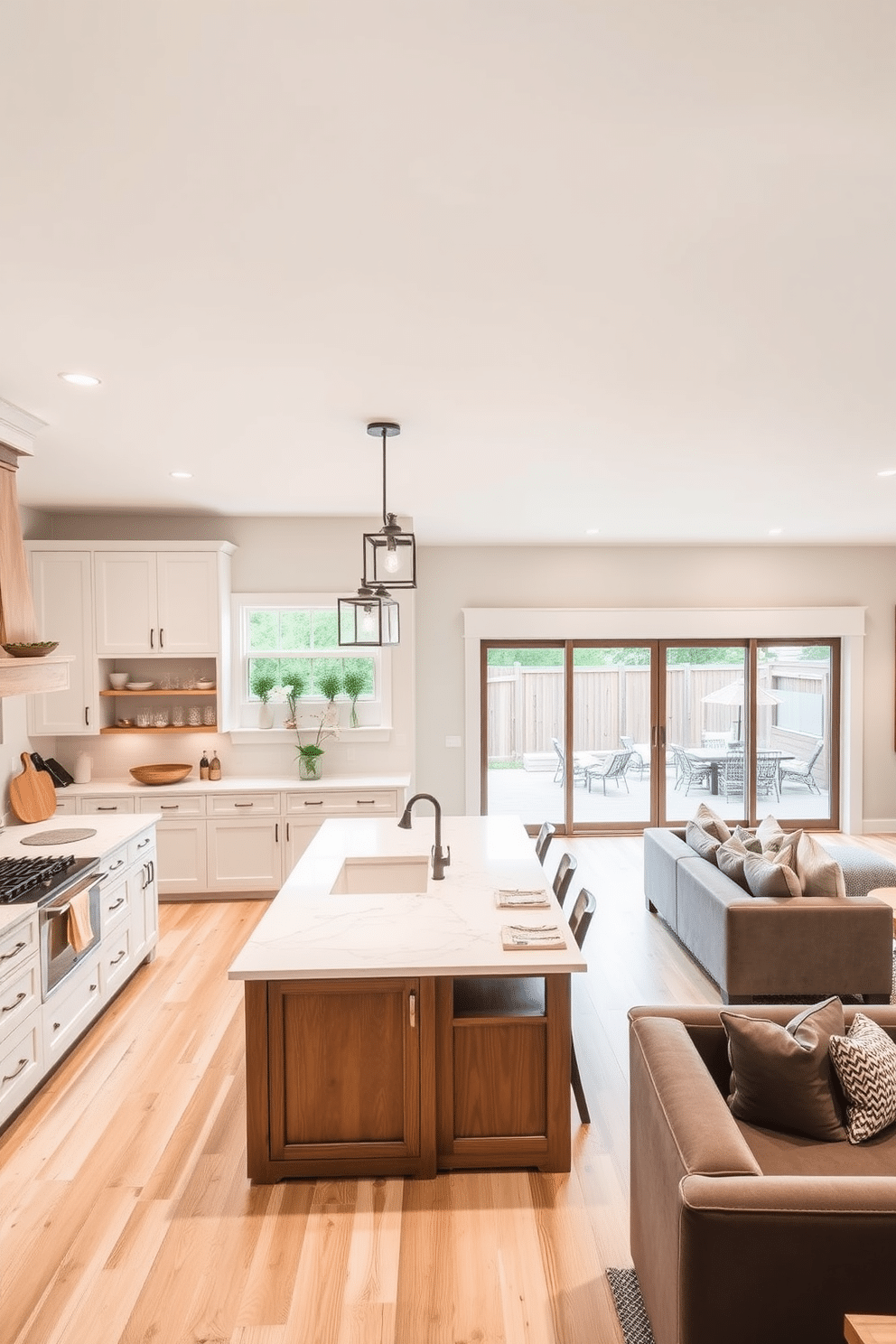 A modern farmhouse kitchen featuring a large central island with comfortable seating for four. The cabinetry is a mix of white and natural wood, complemented by a farmhouse sink and rustic pendant lights hanging above the island. A walkout basement designed for relaxation and entertainment, showcasing a spacious lounge area with plush seating and a wet bar. Large sliding glass doors open to a patio, seamlessly blending indoor and outdoor living spaces.