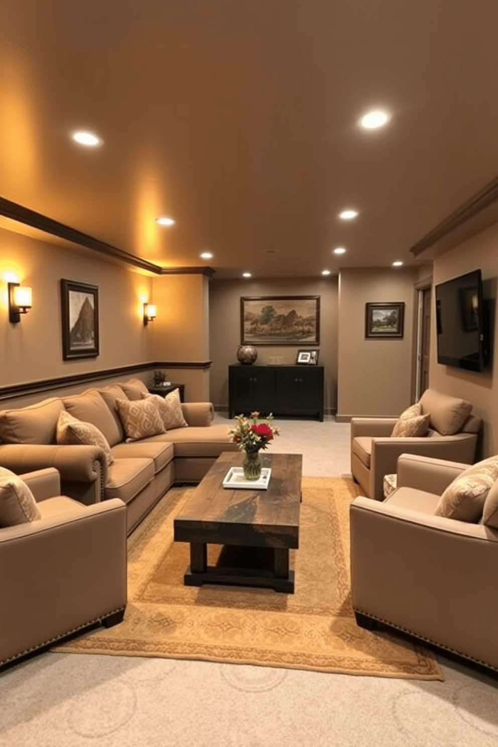 A cozy walkout basement designed for relaxation and entertainment. The space features warm lighting that creates an inviting atmosphere, with soft sconces and recessed lights illuminating the area. Plush seating arrangements, including a sectional sofa and oversized armchairs, invite guests to unwind. A rustic coffee table sits at the center, surrounded by tasteful decor and a warm area rug that adds comfort underfoot.