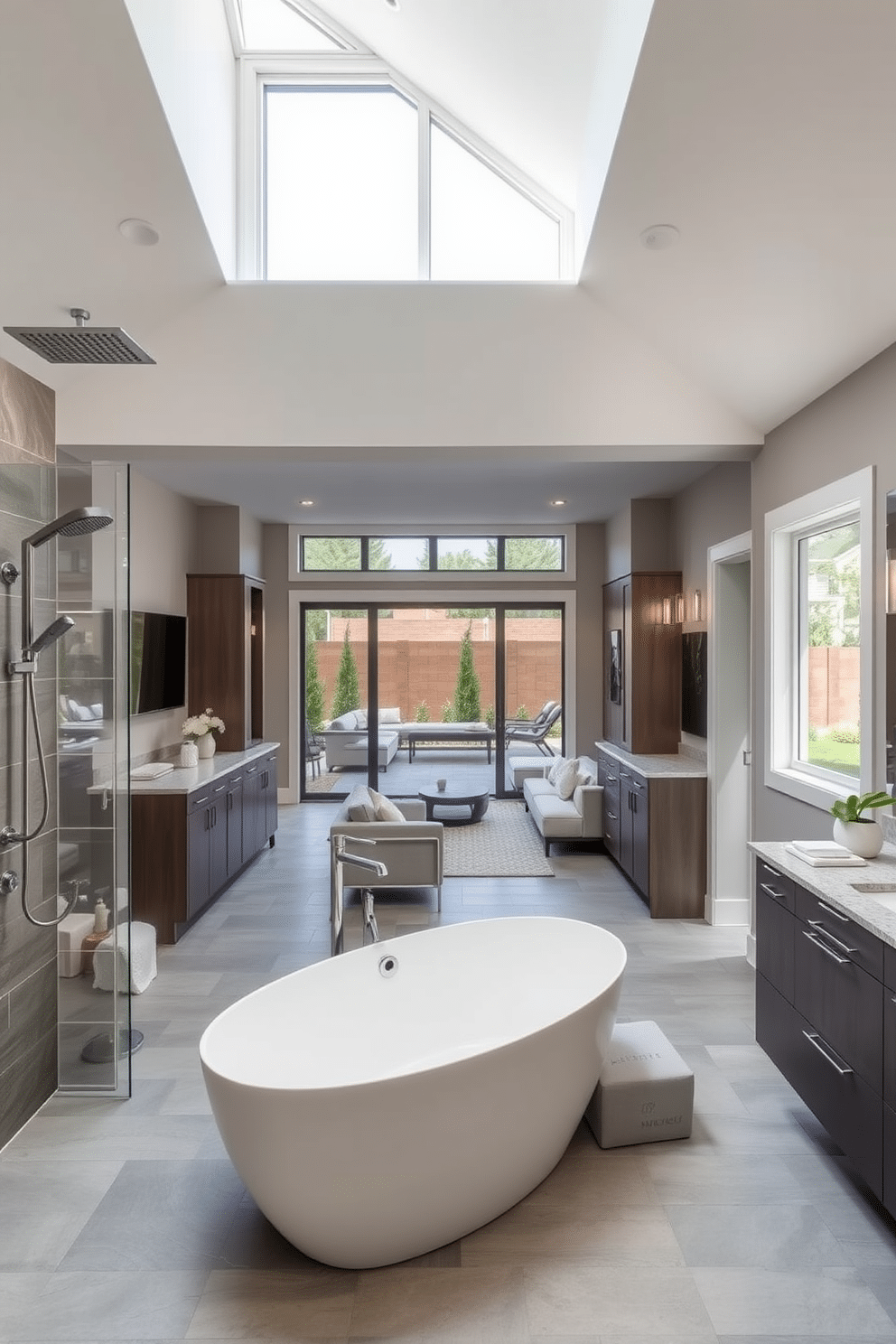 A sleek modern bathroom featuring spa-like amenities. The space includes a freestanding soaking tub positioned beneath a large window, with floor-to-ceiling tiles in soft gray tones and a rainfall showerhead for an indulgent experience. The walkout basement design incorporates an open layout that seamlessly connects to the outdoor space. It features a cozy lounge area with plush seating, a wet bar with stylish cabinetry, and large glass doors that lead to a beautifully landscaped patio.