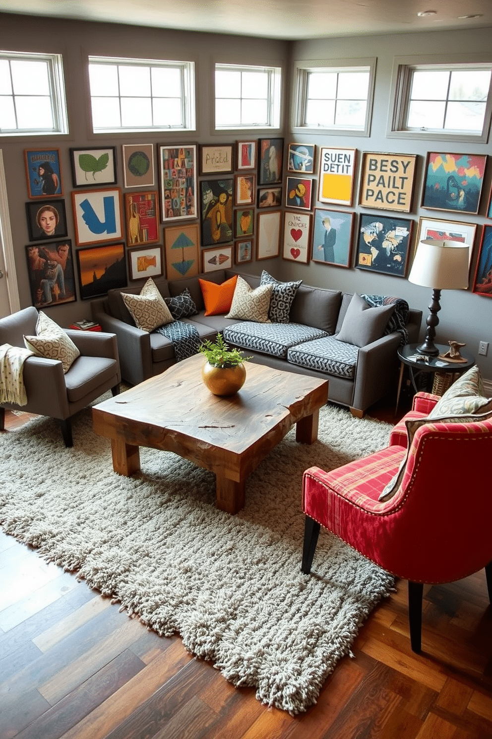 A walkout basement features an eclectic mix of textures and patterns, combining plush area rugs with sleek hardwood flooring. The walls are adorned with a vibrant gallery of artwork, while cozy seating arrangements invite relaxation amidst a backdrop of natural light pouring in through expansive windows. In this design, layered textiles such as throw pillows and blankets in varying patterns add warmth and personality. A statement coffee table made of reclaimed wood anchors the space, surrounded by unique accent chairs that showcase bold colors and designs.