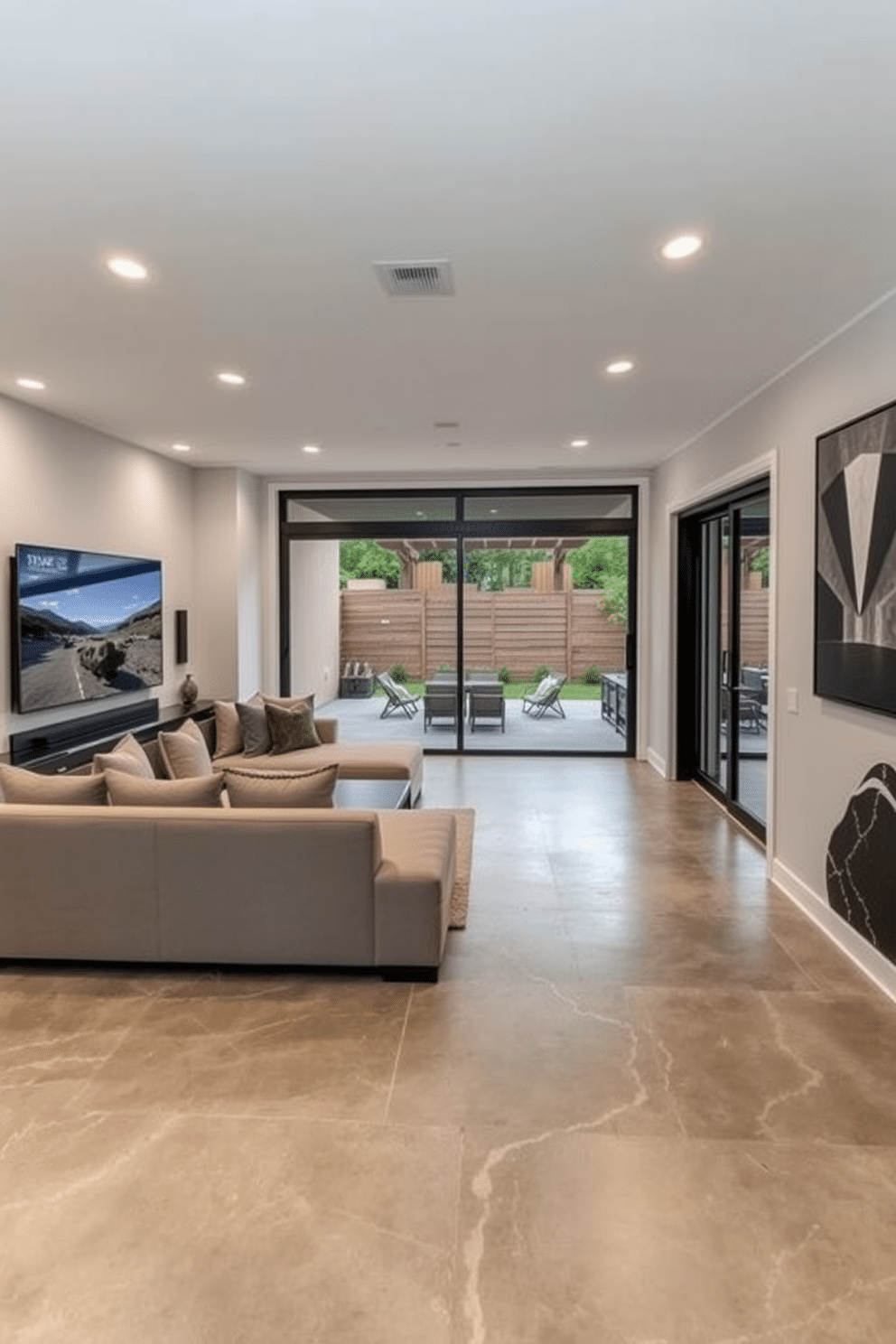 A modern walkout basement designed for entertainment and relaxation. The space features a large sectional sofa facing a sleek media wall equipped with smart home technology, including integrated speakers and ambient lighting controls. Large glass doors open to a patio area, seamlessly blending indoor and outdoor living. The flooring is a polished concrete, while the walls are adorned with contemporary art, creating a stylish yet cozy atmosphere.