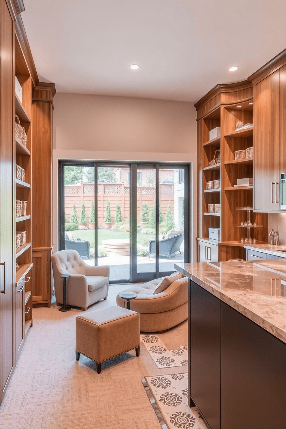 Customized storage solutions for organization. Imagine a sleek, modern space featuring built-in shelving units that blend seamlessly with the walls, crafted from natural wood with a warm finish. The shelves are filled with neatly arranged baskets and decorative boxes for a clutter-free look. A cozy reading nook is incorporated, with a plush armchair and a small side table, creating a functional yet inviting area. Walkout Basement Design Ideas. Visualize a spacious walkout basement that opens up to a beautifully landscaped backyard, with large sliding glass doors allowing natural light to flood the room. The design includes a stylish lounge area with a sectional sofa and a contemporary coffee table, complemented by a wet bar that features elegant cabinetry and modern appliances for entertaining.