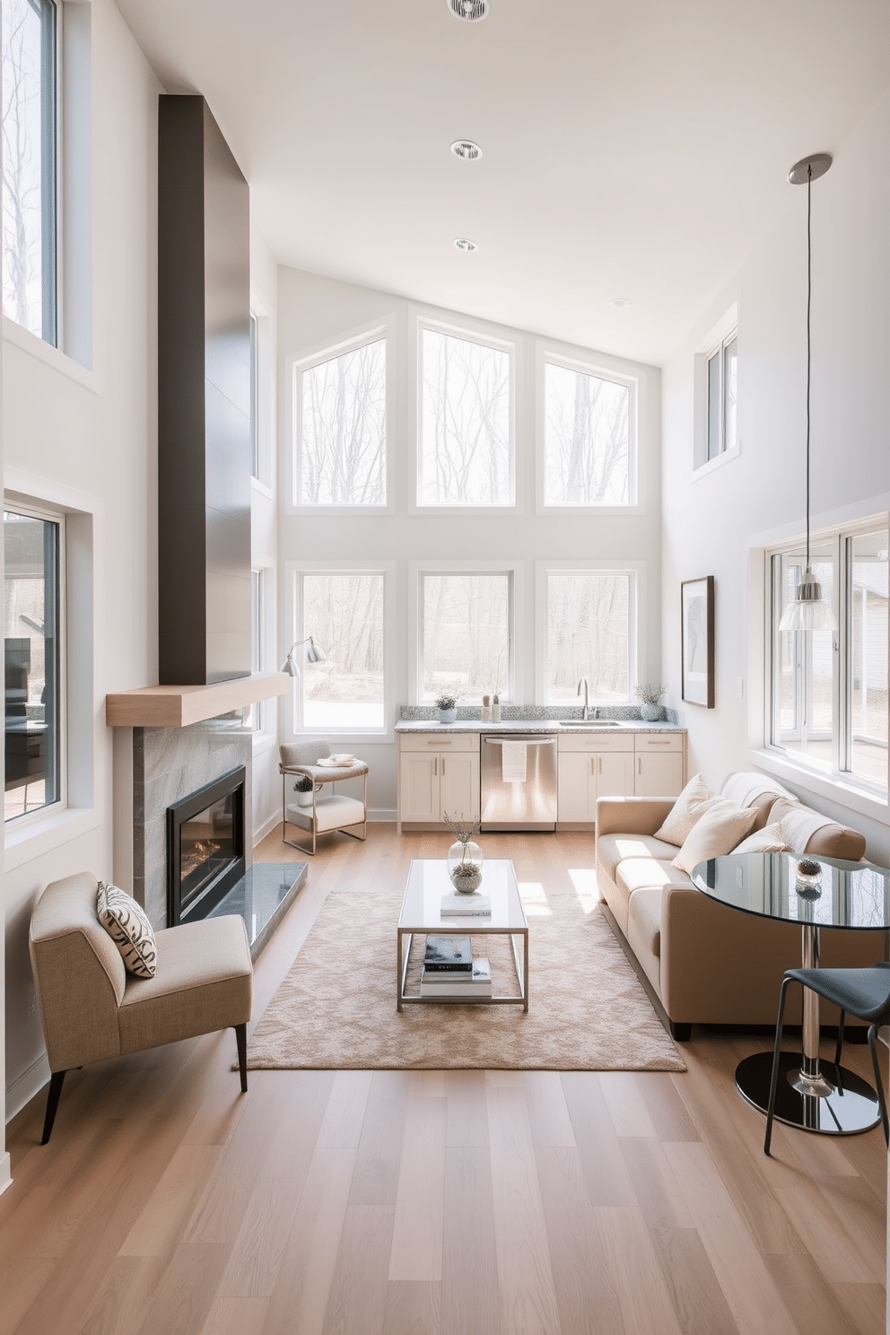 Bright and airy walkout basement with large windows that flood the space with natural light. The design features a cozy lounge area with plush seating, a modern fireplace, and a sleek coffee table, creating an inviting atmosphere. The walls are painted in soft white tones, complemented by light wood accents and a stylish area rug. A small kitchenette is seamlessly integrated into the design, equipped with contemporary appliances and a chic dining table for entertaining guests.