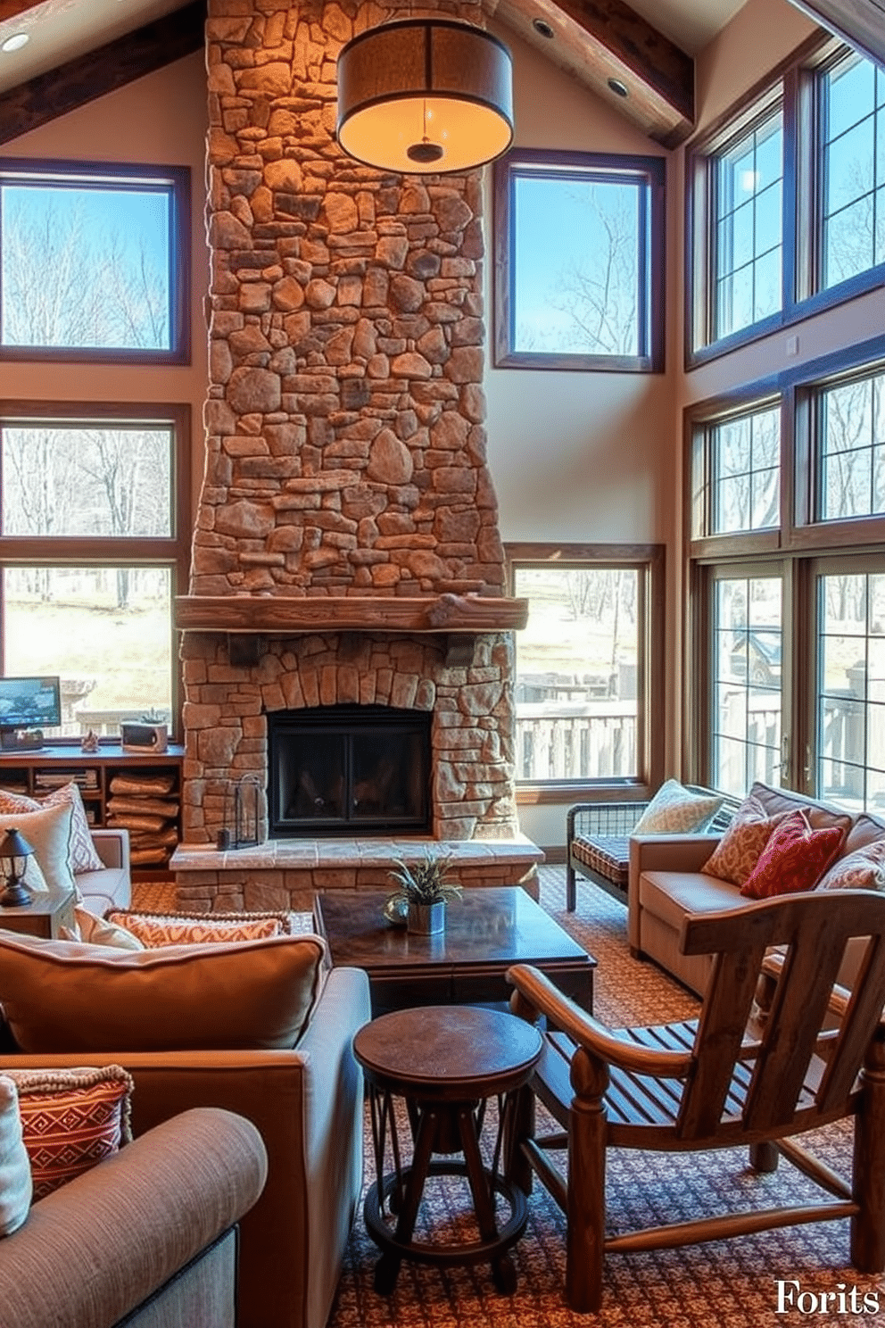 A cozy walkout basement designed with rustic charm features a stunning stone fireplace as the focal point. The fireplace is surrounded by reclaimed wood accents, creating a warm and inviting atmosphere perfect for gatherings. Large windows allow natural light to flood the space, seamlessly connecting the indoors with the outdoor landscape. Comfortable seating arrangements, including plush sofas and rustic wooden chairs, enhance the inviting ambiance of this basement retreat.