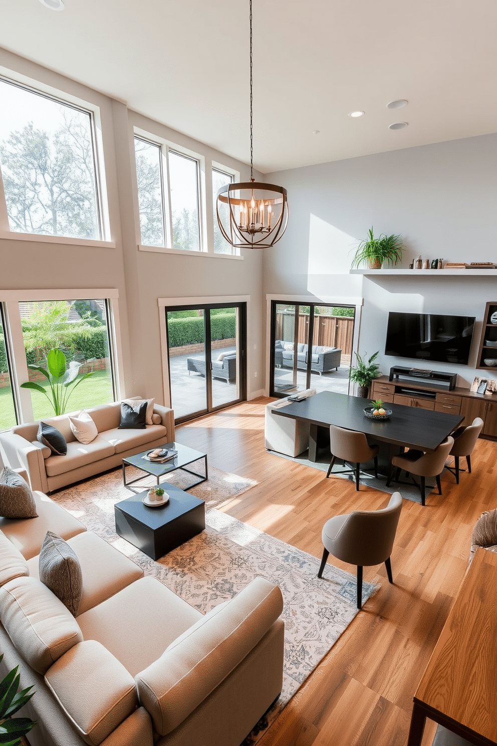 A spacious open concept living and dining area features large windows that flood the space with natural light. The living room is adorned with a plush sectional sofa in a neutral tone, complemented by a modern coffee table and a stylish area rug that ties the room together. Adjacent to the living area, the dining space showcases a sleek rectangular table surrounded by upholstered chairs, with a statement chandelier hanging above. The walls are painted in a soft gray, enhancing the airy feel, while indoor plants add a touch of greenery to the decor. The walkout basement is designed for both relaxation and entertainment, featuring a cozy seating area with a sectional sofa and a large flat-screen TV mounted on the wall. A wet bar with stylish bar stools invites guests to enjoy drinks, while large sliding glass doors lead to an outdoor patio, seamlessly connecting indoor and outdoor spaces. The basement also includes a game area with a pool table and comfortable seating, perfect for gatherings. Soft lighting and warm wood accents create a welcoming atmosphere, making it an ideal retreat for family and friends.