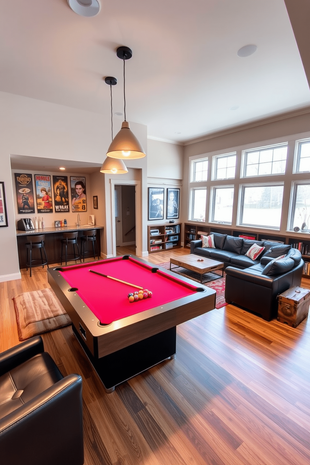 A vibrant game room featuring a sleek pool table at the center, surrounded by comfortable leather seating and stylish pendant lighting. The walls are adorned with framed vintage posters, and a mini bar with high stools is positioned in one corner for entertaining guests. A cozy walkout basement designed for relaxation and entertainment, showcasing large windows that allow natural light to flood the space. The area includes a plush sectional sofa, a rustic coffee table, and a built-in bookshelf filled with games and books, creating an inviting atmosphere for family gatherings.