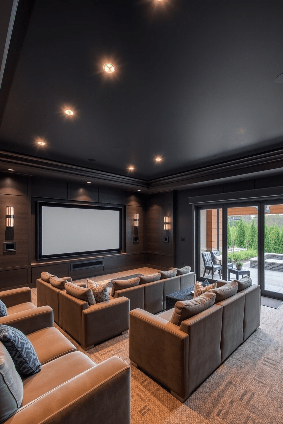 A luxurious home theater featuring plush, oversized seating arranged in a semi-circular layout. The walls are adorned with dark acoustic panels, and a large screen is mounted at the front, complemented by dimmable recessed lighting for an immersive viewing experience. A stylish walkout basement designed for entertainment and relaxation. The space includes a cozy lounge area with a sectional sofa, a wet bar with modern fixtures, and large sliding glass doors that open to a beautifully landscaped outdoor patio.