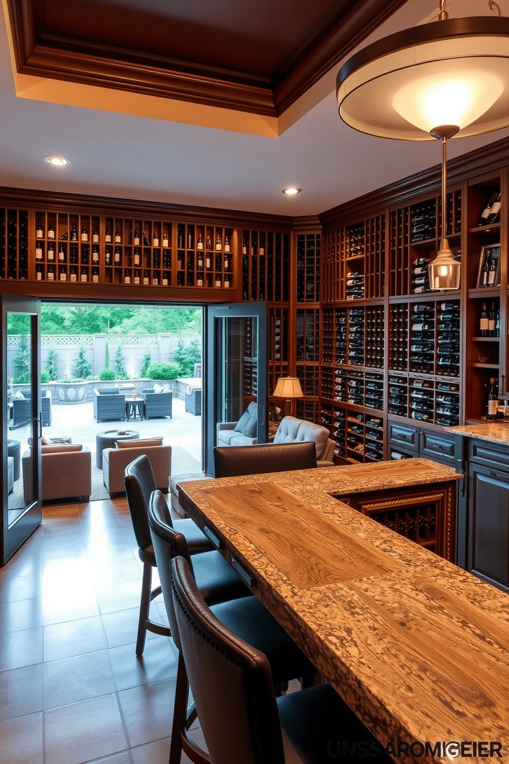 Elegant wine cellar with tasting area. The cellar features custom wooden racks filled with an extensive collection of fine wines, illuminated by soft, ambient lighting. A tasting area is set up with a polished granite countertop and stylish bar stools, complemented by a rustic wooden table surrounded by plush chairs. Walkout basement design ideas. The basement opens up to a beautifully landscaped patio through large glass doors, creating a seamless transition between indoor and outdoor spaces. Inside, the design includes cozy seating areas with modern furnishings, a home theater setup, and a wet bar, all accented by warm lighting and rich textures.