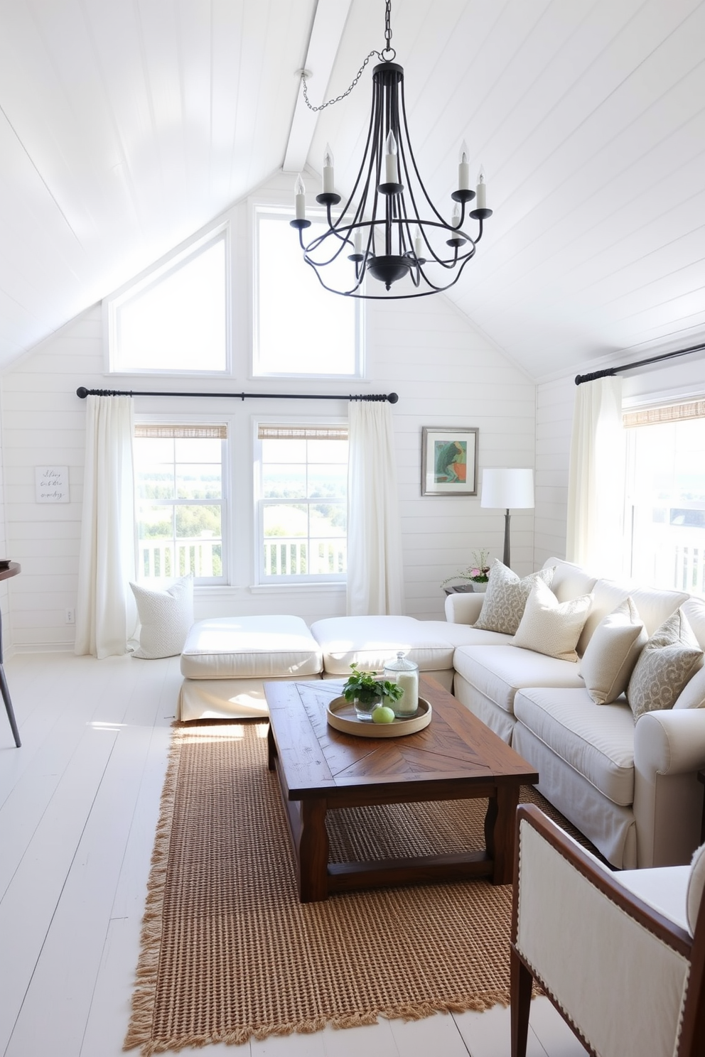 Bright white shiplap walls create a cozy and inviting atmosphere in the attic, enhancing the natural light that floods the space. The room features a plush, oversized sectional sofa adorned with soft, textured throw pillows, perfect for relaxation. A rustic wooden coffee table sits at the center, complemented by a woven area rug that adds warmth and comfort. Large windows with sheer curtains allow for beautiful views, while a statement chandelier hanging from the vaulted ceiling adds a touch of elegance.