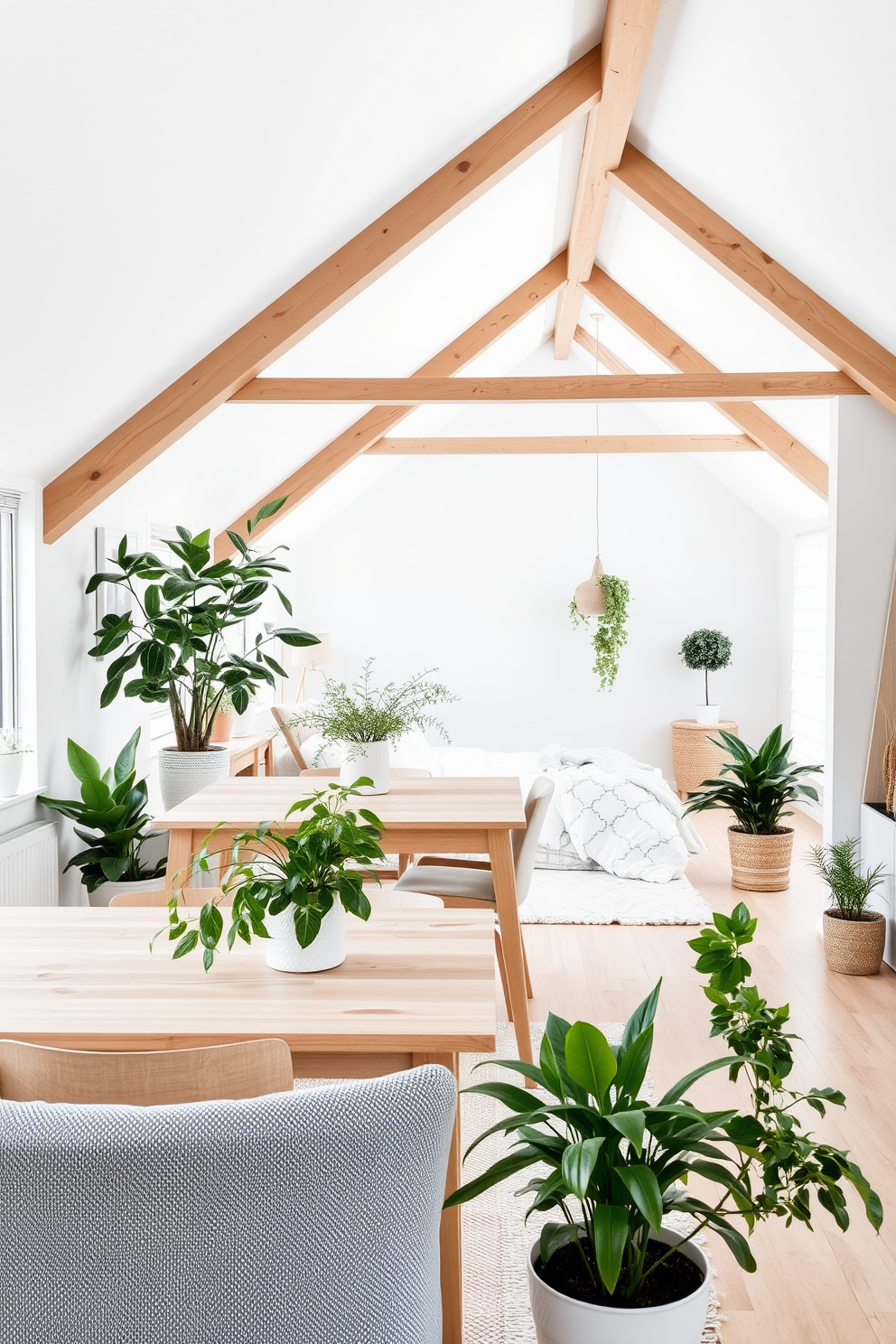 A serene Scandinavian-inspired decor featuring a blend of natural elements and greenery. The space includes a light wood dining table surrounded by minimalist chairs, with potted plants strategically placed to enhance the fresh and airy atmosphere. In the white attic room, sloped ceilings are adorned with wooden beams, creating a cozy yet spacious feel. Soft textiles, such as a plush area rug and layered bedding, complement the bright walls and allow for a tranquil retreat.