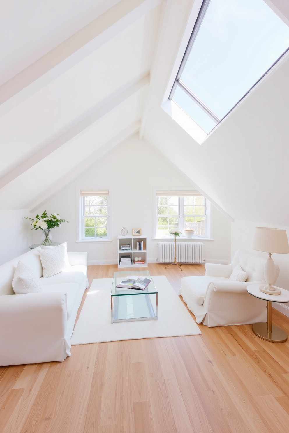 Bright white furniture for an airy atmosphere. The room features a spacious layout with large windows allowing natural light to flood in, creating a refreshing and open feel. The walls are painted in a soft pastel hue, enhancing the brightness of the white furniture. A plush white sofa is paired with a glass coffee table, and light wooden accents add warmth to the space. White Attic Room Design Ideas. The sloped ceiling is adorned with exposed beams, painted in white to maintain an airy vibe. A cozy reading nook is created with a white chaise lounge and a small bookshelf, while a large skylight brings in additional light. The flooring is a light oak, complementing the airy aesthetic of the room.