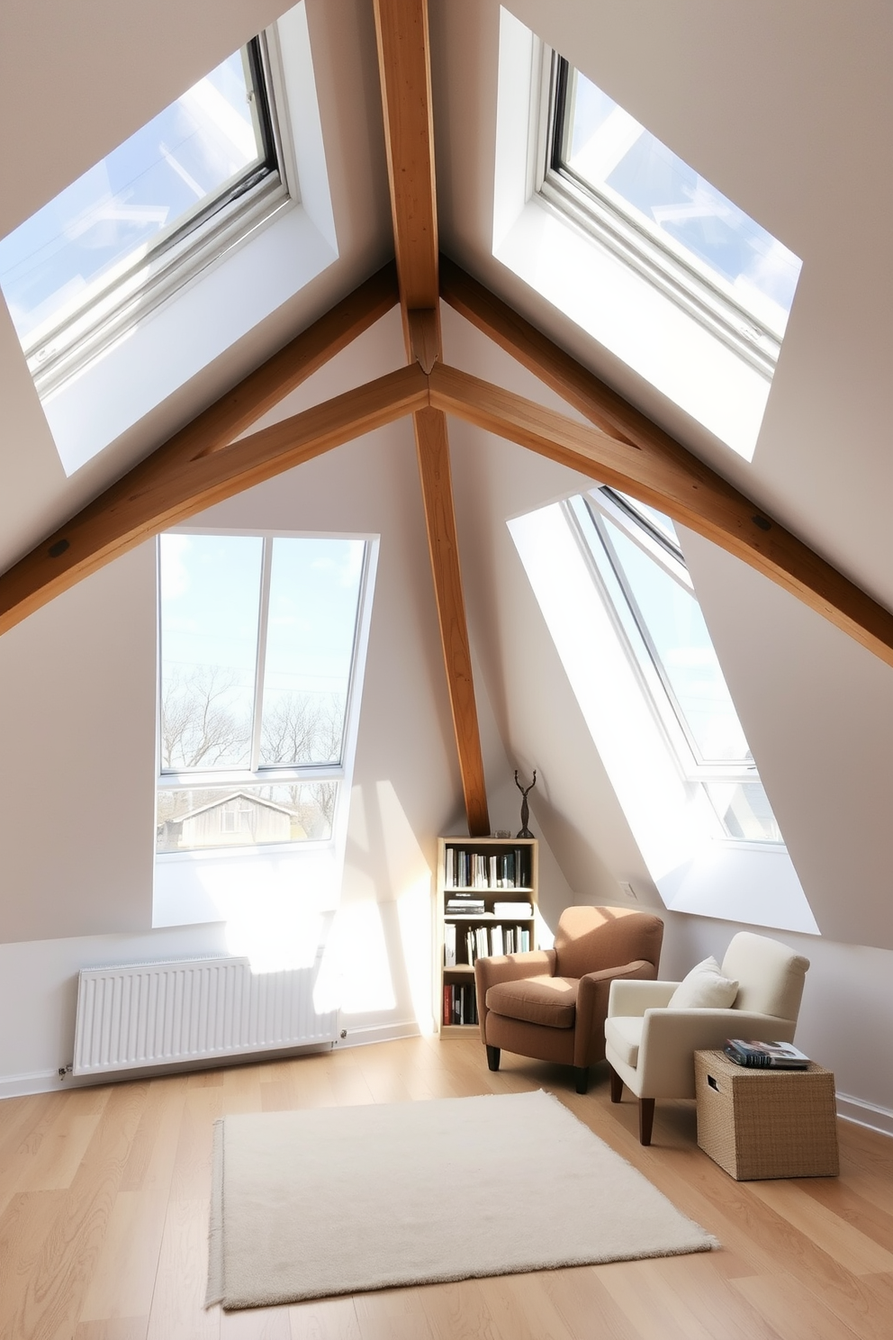 A bright and airy attic room featuring large skylights that flood the space with natural light. The walls are painted in a soft white, and the wooden beams are left exposed to add character and warmth to the room. The room is furnished with a cozy reading nook, complete with a plush armchair and a small bookshelf. A light-colored area rug lies on the floor, complementing the light wood flooring and providing a comfortable space to relax.