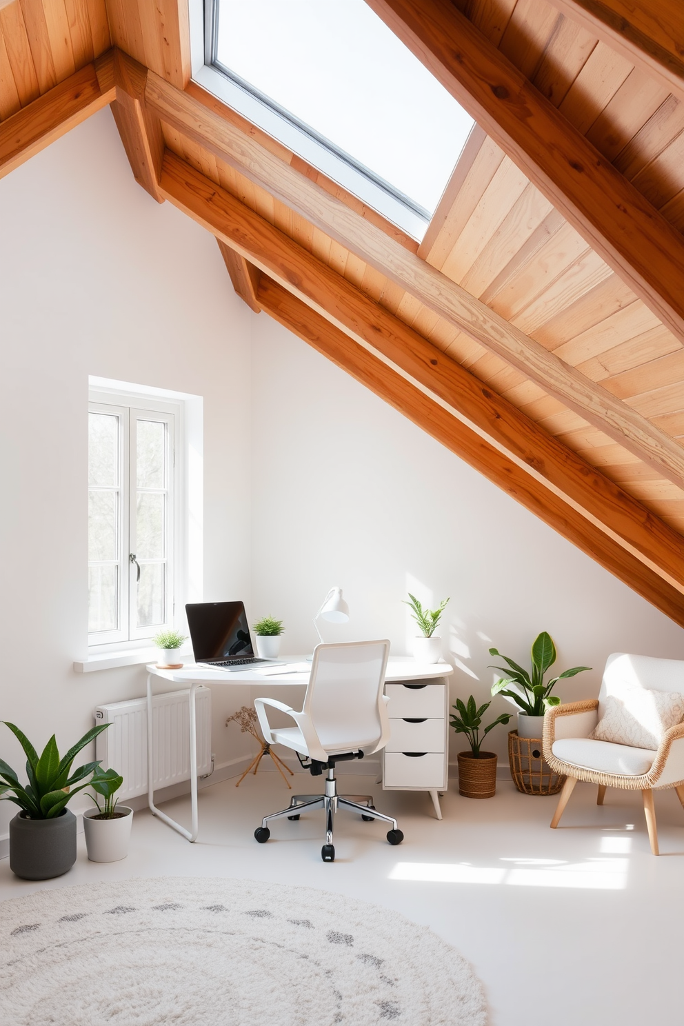 A minimalist white desk is positioned against a large window, allowing natural light to flood the space. The desk is complemented by a sleek ergonomic chair, surrounded by potted plants that add a touch of greenery to the workspace. The attic room features sloped ceilings adorned with wooden beams, creating a cozy yet open atmosphere. Soft white walls enhance the lightness of the space, while a plush area rug and a small reading nook with a comfortable chair invite relaxation and inspiration.