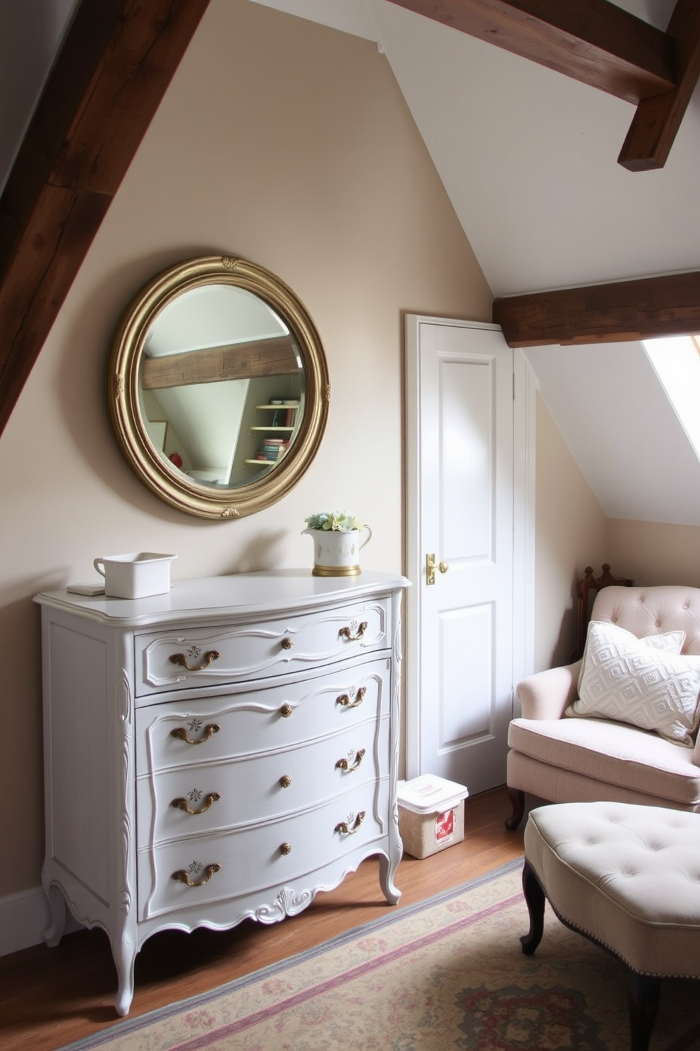 A vintage white dresser stands against the wall, adorned with delicate carvings and antique brass handles. The dresser is topped with a round mirror framed in distressed gold, reflecting the soft light that filters through the attic's sloped ceiling. The attic room features exposed wooden beams and a cozy reading nook with a plush armchair and a small bookshelf. Soft, muted colors on the walls create a serene atmosphere, complemented by a vintage area rug that adds warmth underfoot.