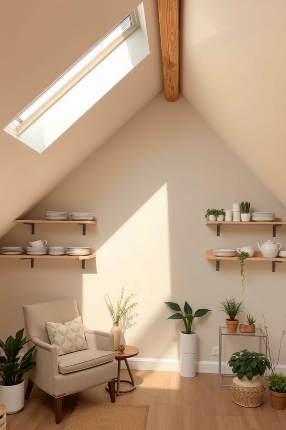 A serene attic room featuring open shelving adorned with white dishes, creating a clean and airy aesthetic. The walls are painted in soft pastels, and natural light pours in through a large skylight, illuminating the space. Cozy seating is arranged beneath the sloped ceiling, with a plush armchair and a small side table for added comfort. Decorative accents, such as potted plants and a woven rug, enhance the inviting atmosphere of this charming retreat.