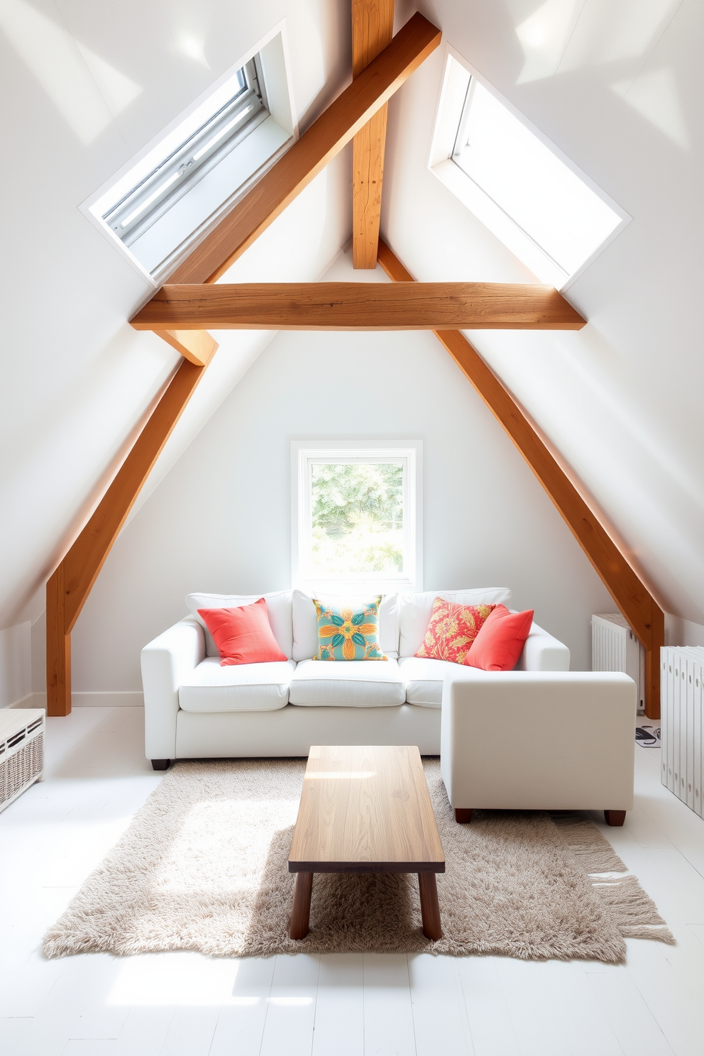 A bright and airy attic room with crisp white walls that create a fresh and inviting atmosphere. The space features exposed wooden beams and large skylights that flood the room with natural light, enhancing the overall brightness. A cozy seating area is arranged with a plush white sofa adorned with colorful throw pillows, inviting relaxation. A small wooden coffee table sits in front, complemented by a soft area rug that adds warmth to the space.