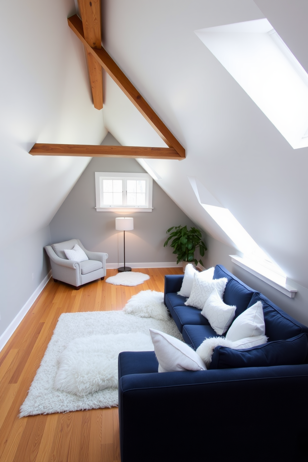 A cozy attic room designed with soft white accents, featuring plush white accent pillows scattered across a deep navy sectional sofa. The sloped ceiling is adorned with exposed wooden beams, and large windows allow natural light to flood the space, highlighting the warm wooden floors. In one corner, a small reading nook is created with a comfortable armchair and a stylish floor lamp, inviting relaxation. The walls are painted in a soft gray, complementing the white accents and creating a serene atmosphere perfect for unwinding.