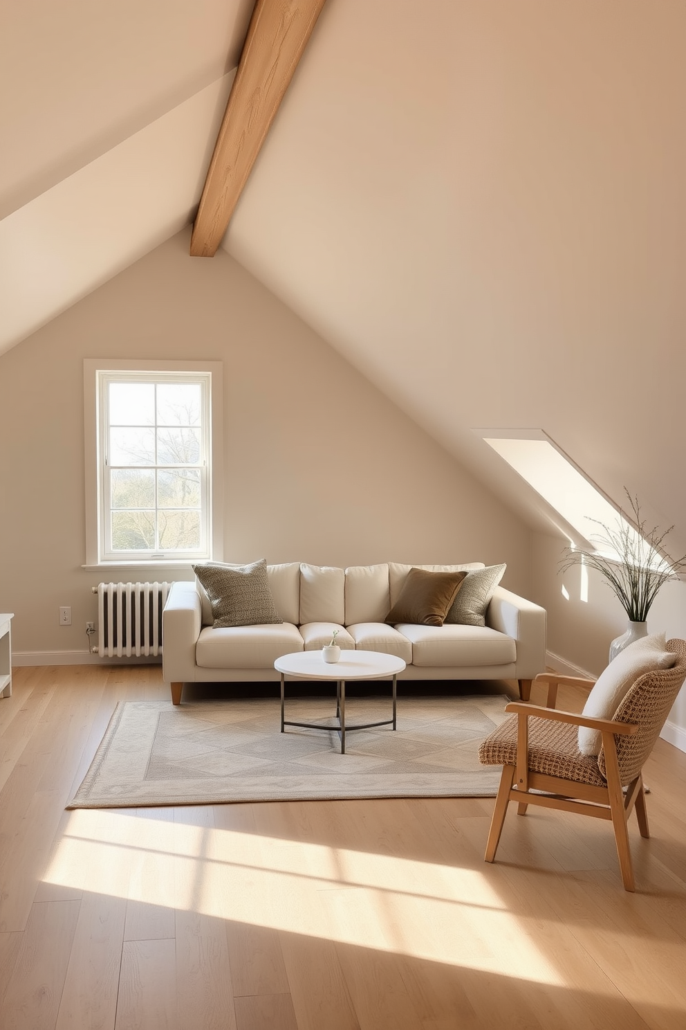 A serene attic room bathed in natural light, featuring a sloped ceiling with exposed wooden beams. The walls are painted in soft beige, creating a warm backdrop for minimalist furniture in light oak. A plush, oversized cream sofa sits in the center, adorned with textured throw pillows in muted earth tones. A large area rug with a subtle geometric pattern anchors the seating area, while a small round table in white offers a perfect spot for morning coffee.