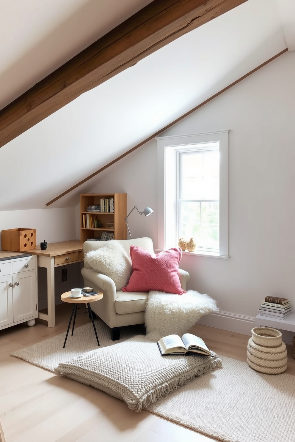 Cozy reading nook with plush cushions. A large, comfortable armchair is positioned near a window, with a small side table holding a steaming cup of tea and a stack of books. White attic room design ideas. The sloped ceilings are adorned with exposed wooden beams, while soft white walls create an airy feel, complemented by a cozy rug and a minimalist desk in the corner.