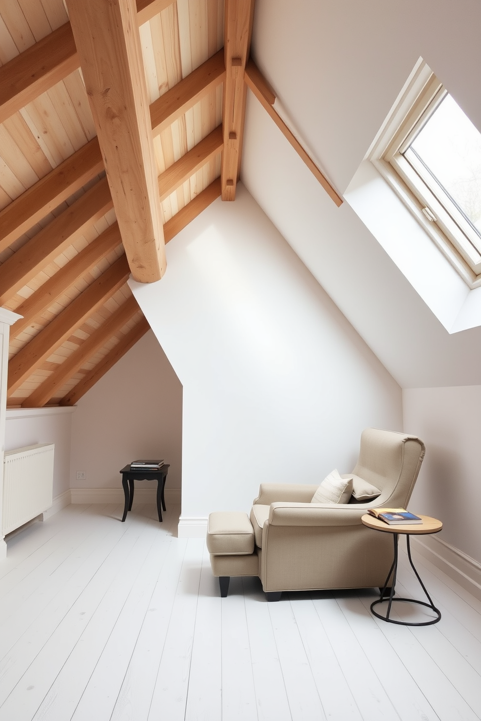 A bright and airy attic room with white wood flooring that creates a clean and spacious feel. The sloped ceiling is adorned with exposed wooden beams, and large skylights allow natural light to flood the space. In one corner, a cozy reading nook features a plush armchair and a small side table, perfect for relaxing with a book. The walls are painted in soft pastel hues, complementing the light tones of the flooring and enhancing the room's tranquility.