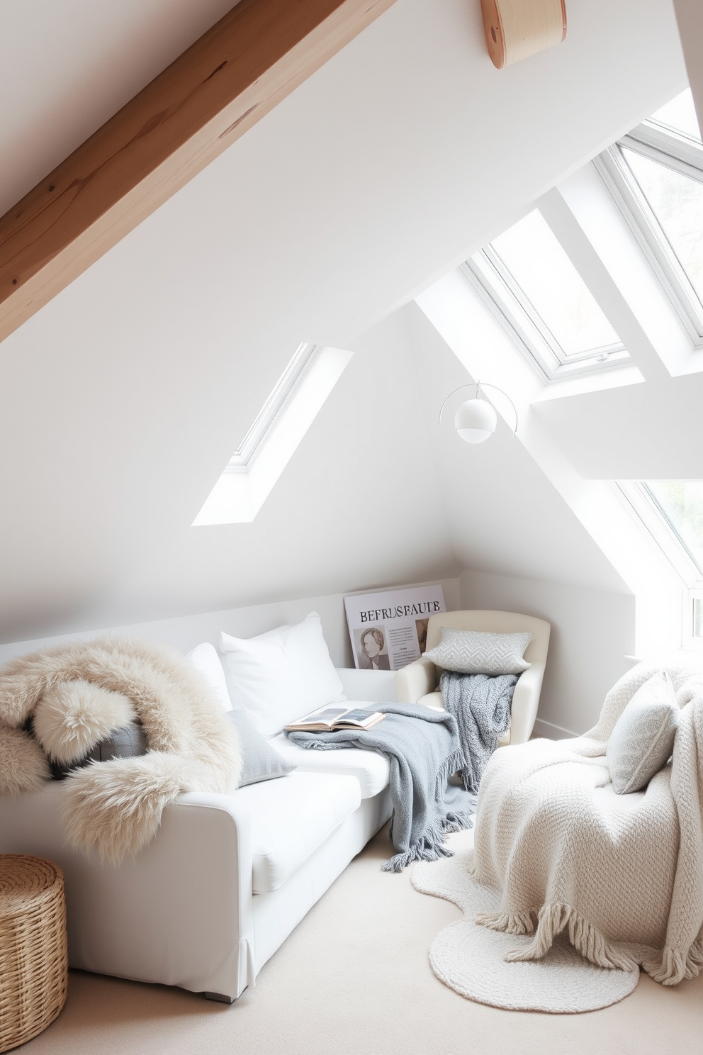 A cozy white attic room designed for relaxation features soft, sloped ceilings adorned with exposed wooden beams. Plush faux fur throws are draped over a minimalist white sofa, inviting warmth and comfort. Natural light floods the space through large skylights, illuminating a serene color palette of whites and soft grays. A small reading nook is created by a comfy armchair, layered with textured blankets and pillows, perfect for cozy afternoons.