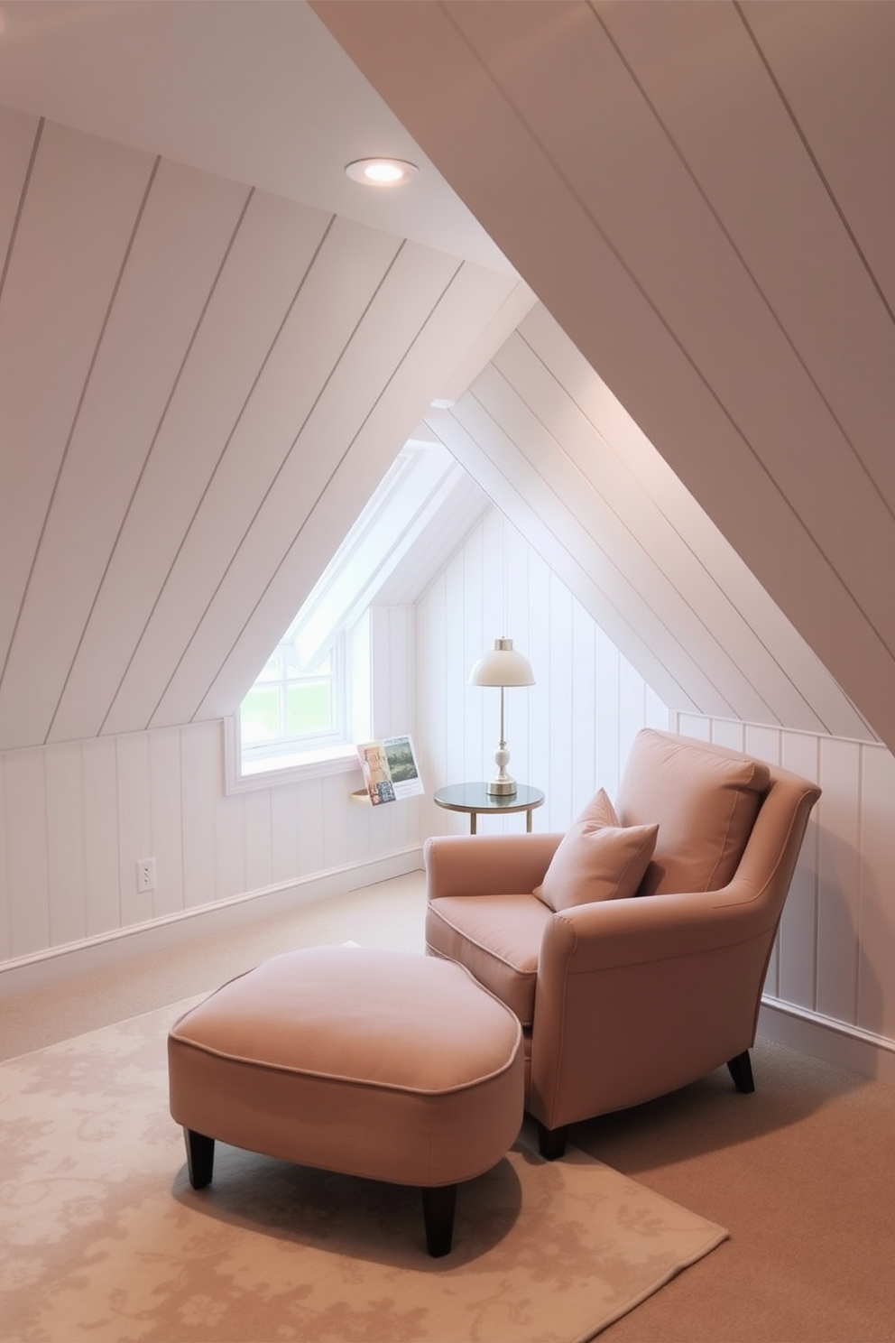 A serene attic room featuring white paneling that adds an elegant finish to the space. The sloped ceilings are adorned with soft recessed lighting, creating a cozy atmosphere. The room is furnished with a plush, oversized armchair and a small reading nook by the window, complete with a chic side table. A delicate area rug in soft pastels complements the white paneling, adding warmth and comfort to the room.