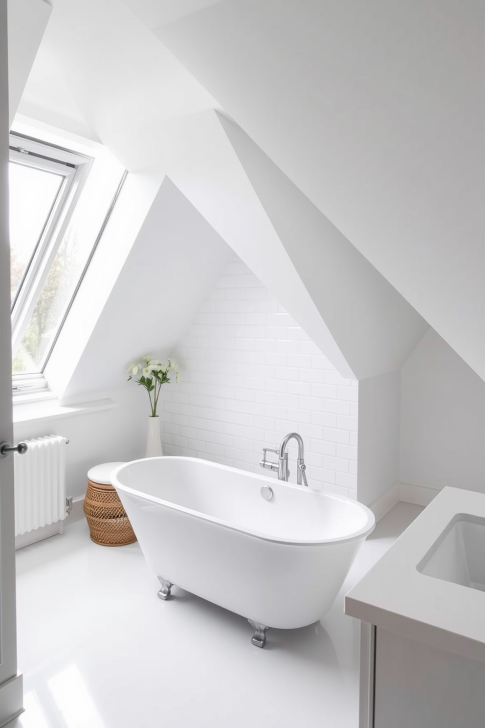 Bright white bathroom fixtures for continuity. The space features a sleek freestanding bathtub with a modern faucet, surrounded by white subway tiles that reflect natural light. White Attic Room Design Ideas. The room showcases a cozy seating area with a plush white sofa, complemented by a large skylight that illuminates the space, enhancing the airy atmosphere.